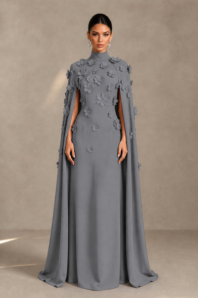 BOLODOO Grey 3D Floral Applique Cape Formal Dress - Grey - Grey_1