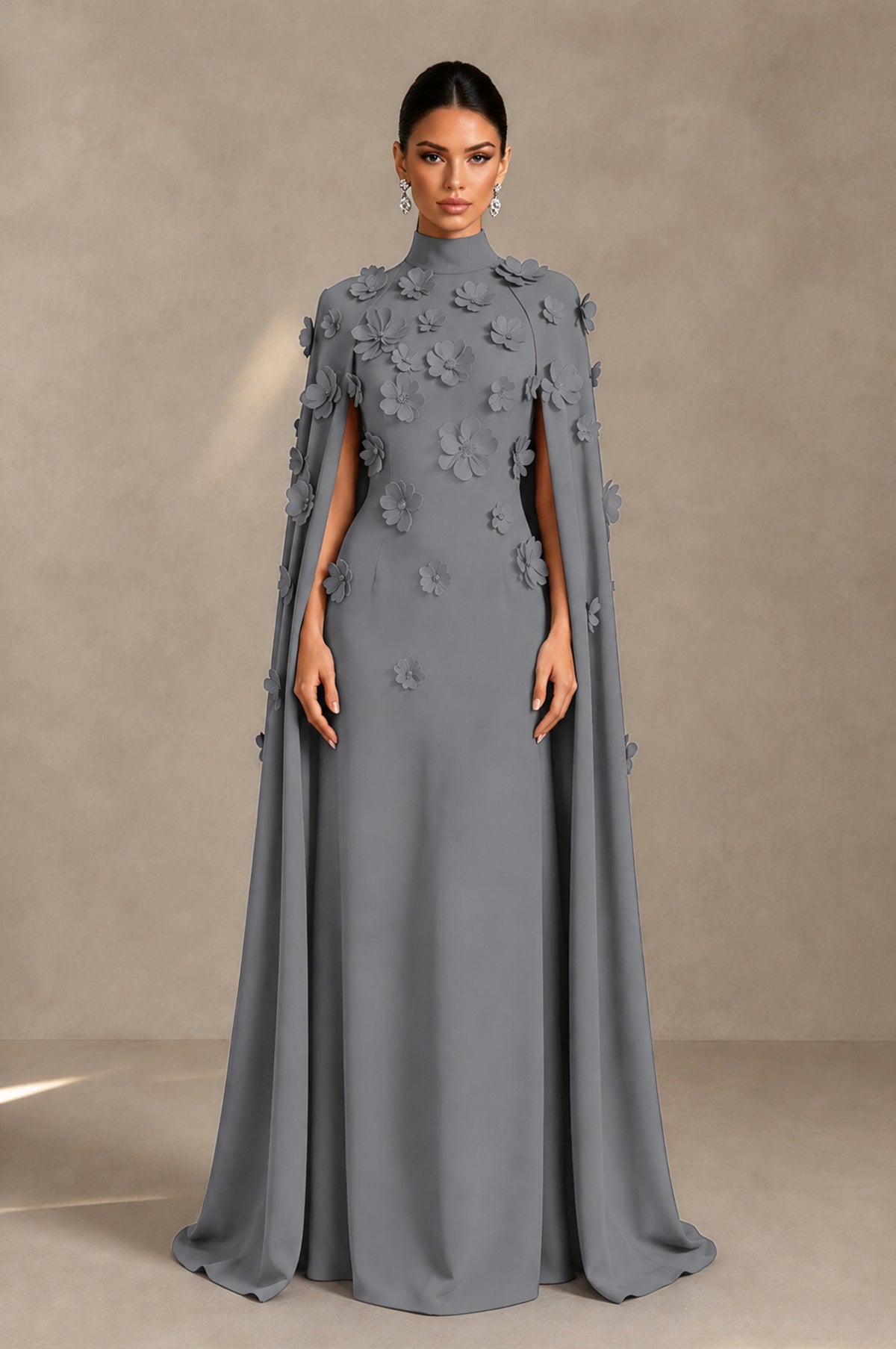 BOLODOO Grey 3D Floral Applique Cape Formal Dress - Grey - Grey_1