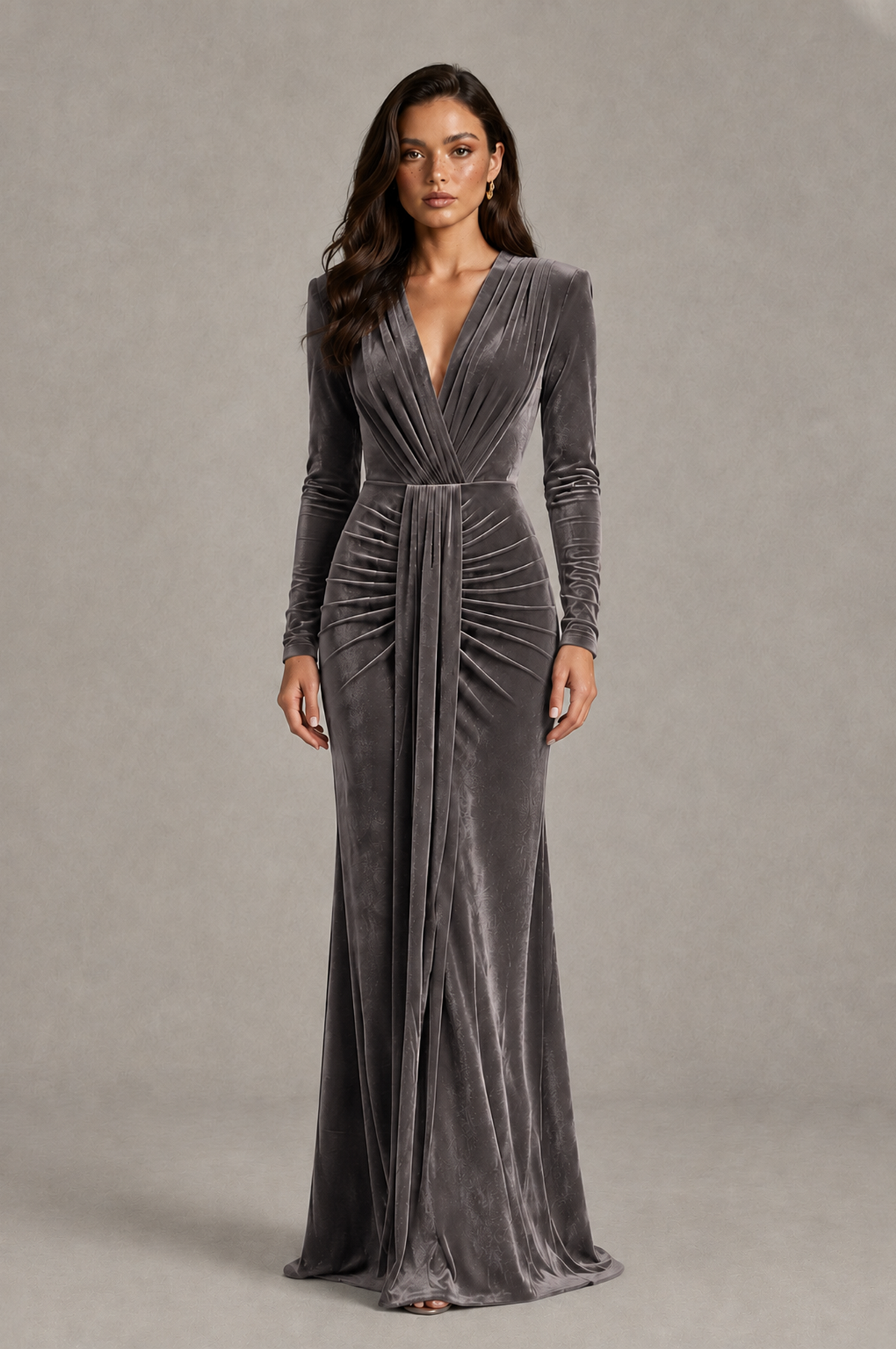 BOLODOO Grey Velvet Long Sleeve V-Neck Ruched Evening Gown - Grey