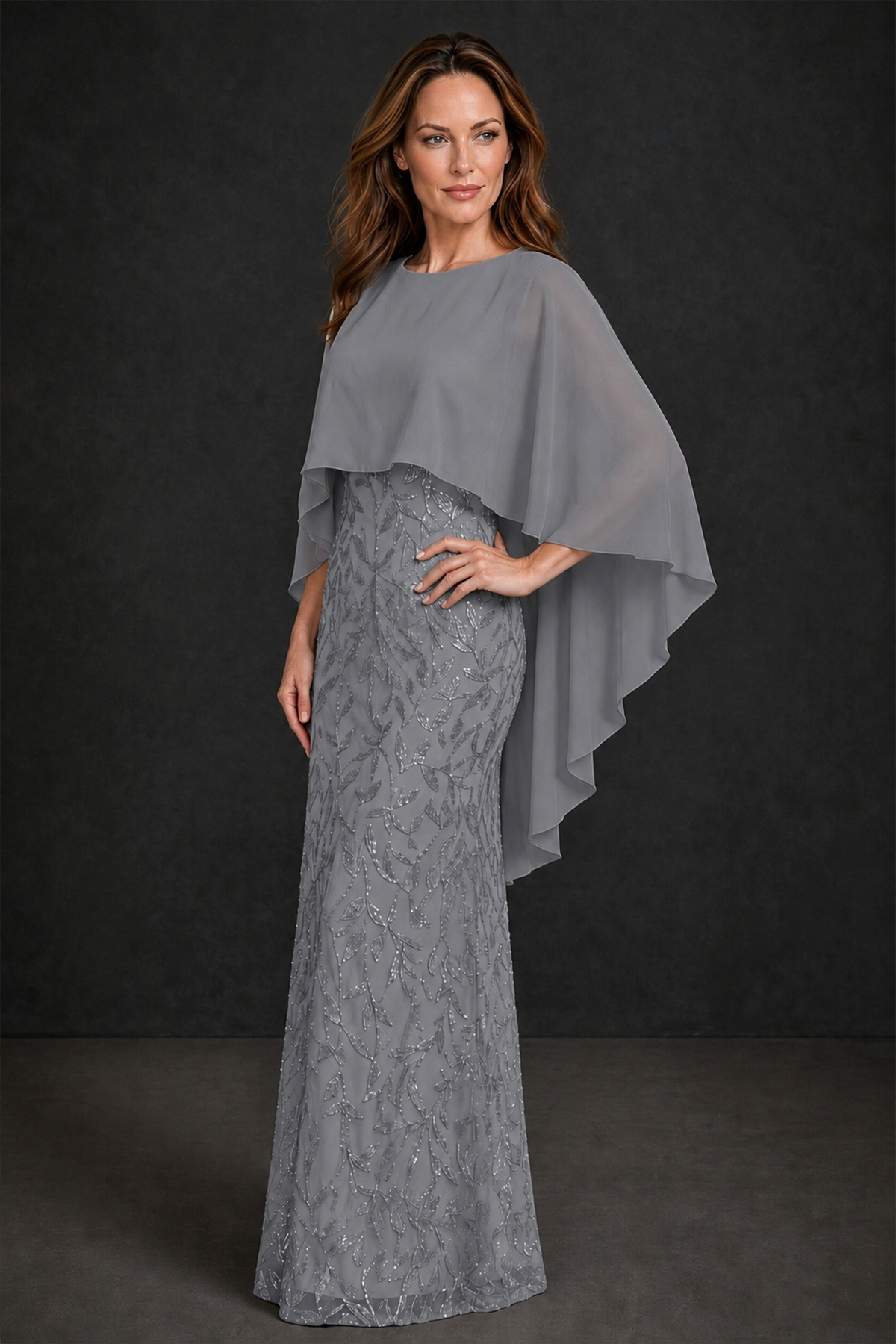 BOLODOO Grey Round Neck Chiffon Cape Overlay Sequin Lace Mermaid Maxi Dress - Grey - Grey_1