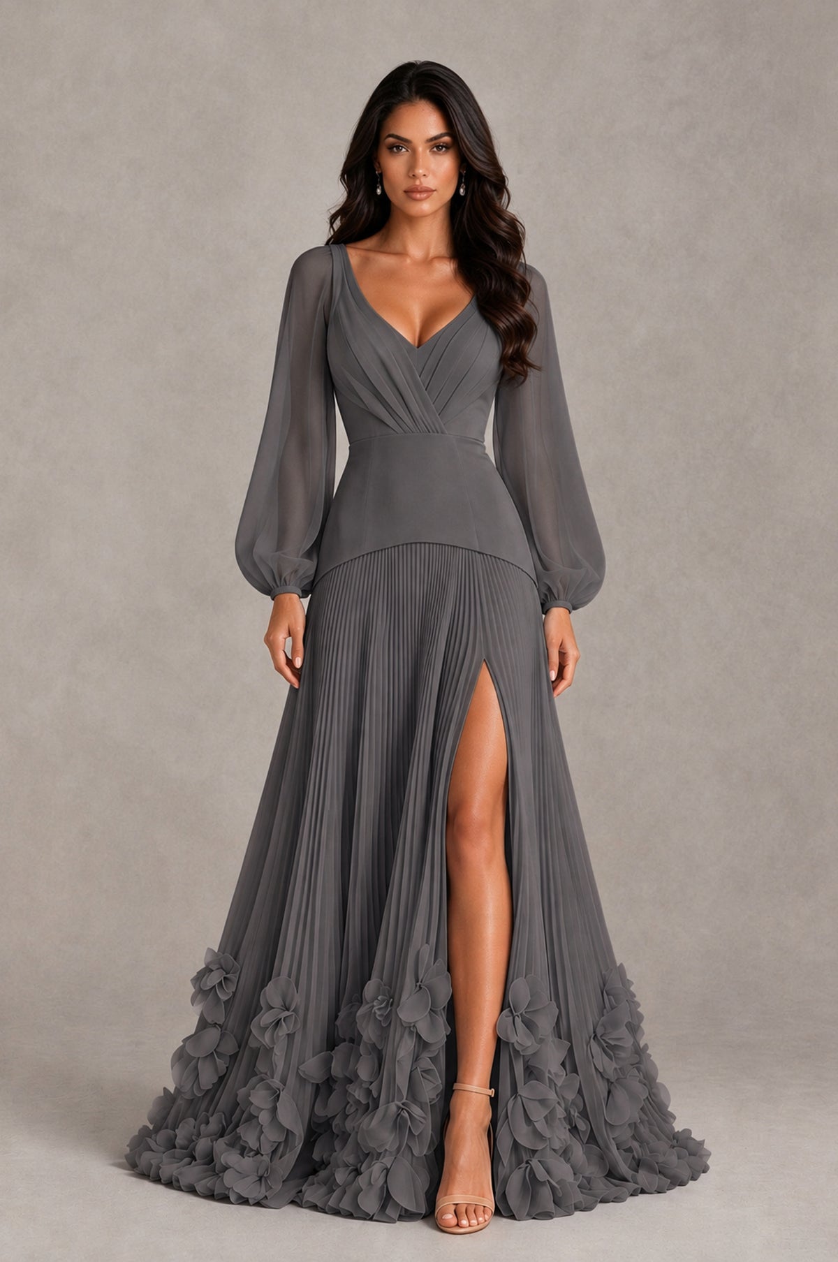 BOLODOO Grey V-Neck Long Sleeve Pleated Floral Hem Evening Dress - Grey - Grey_1
