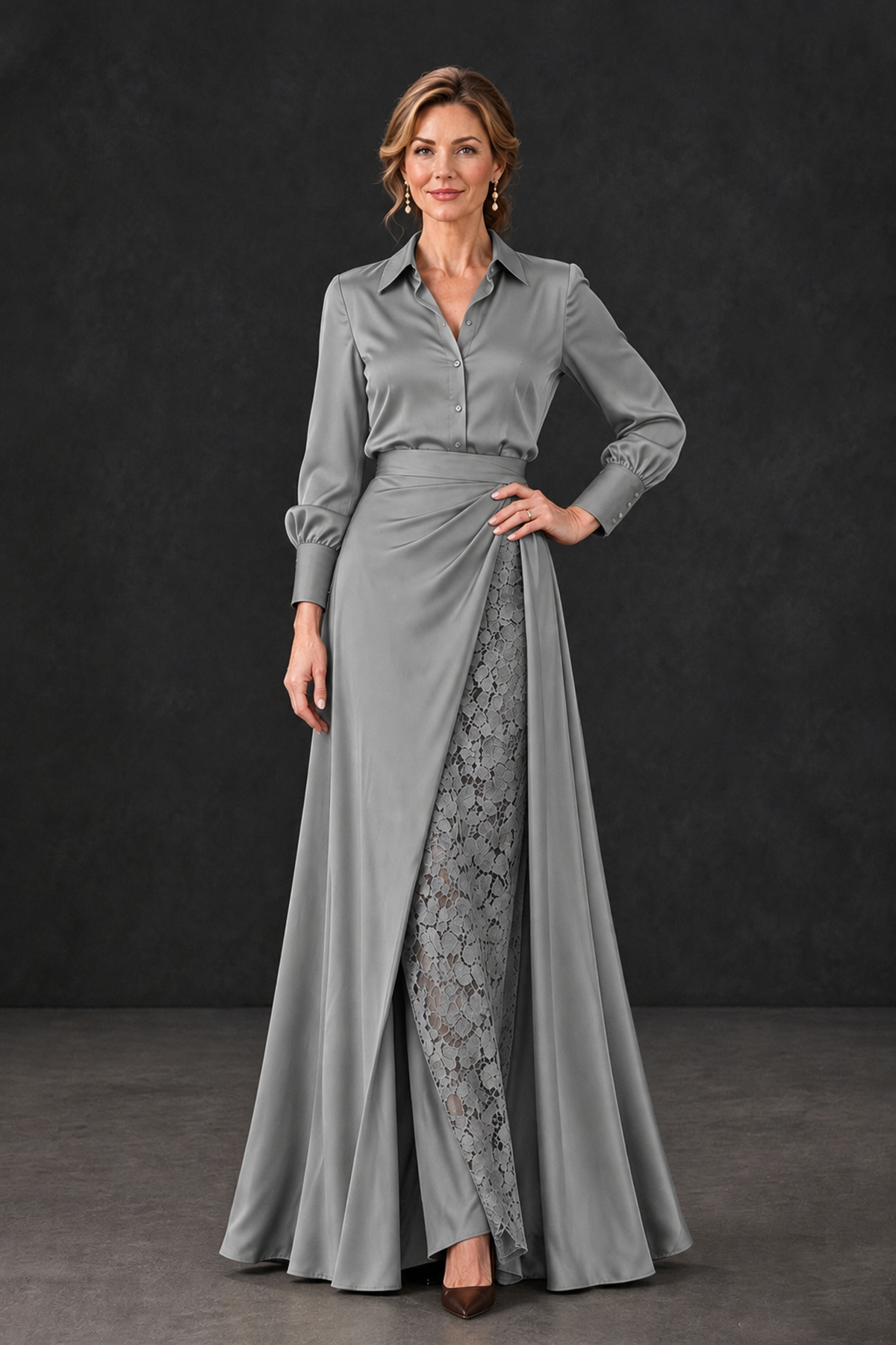 BOLODOO Grey Long Sleeve Satin-Look Lace Panel Gown - Grey - Grey_1