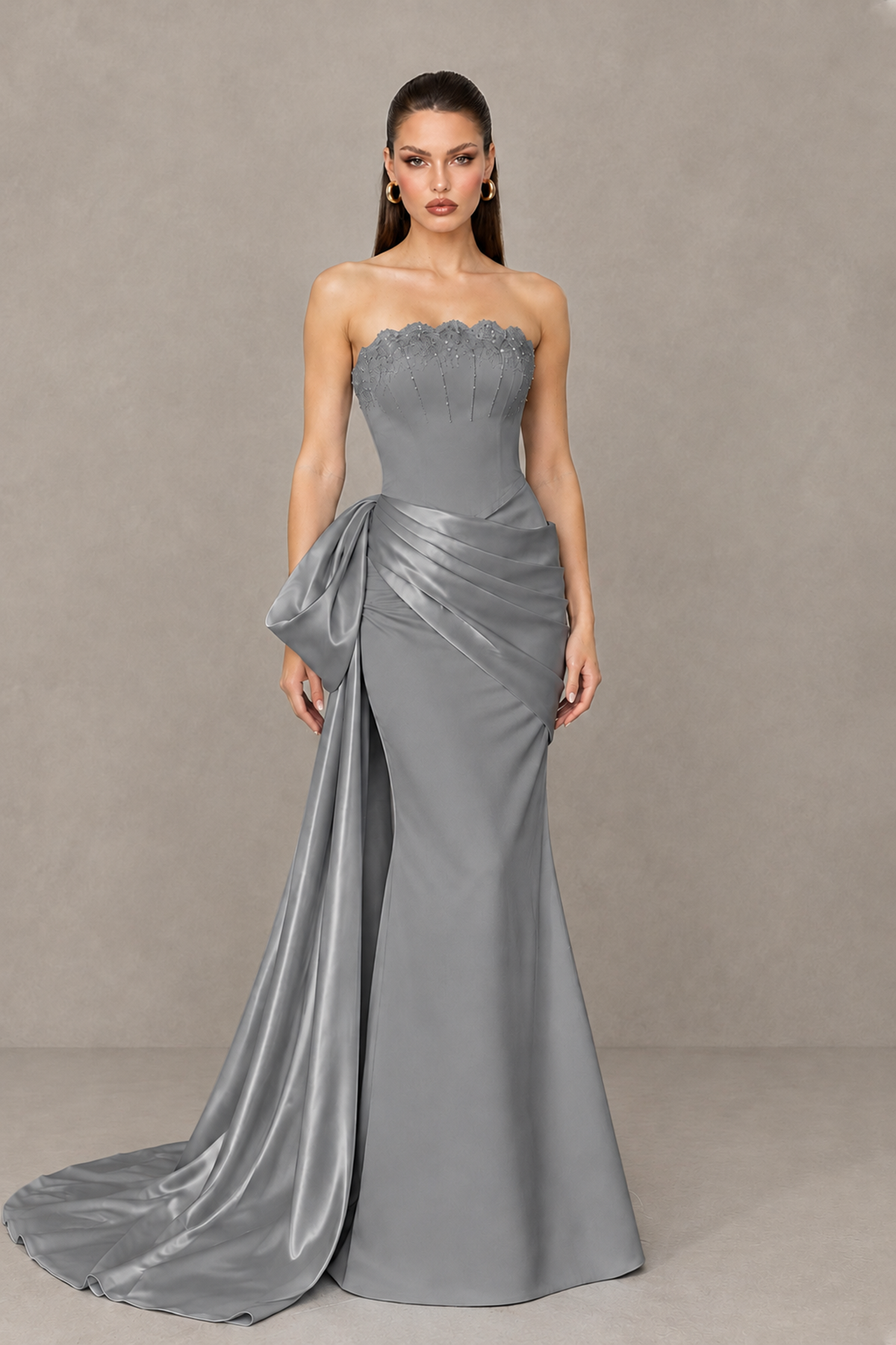 BOLODOO Grey Strapless Satin Prom Dress with Draped Side Train - Grey - Grey_1