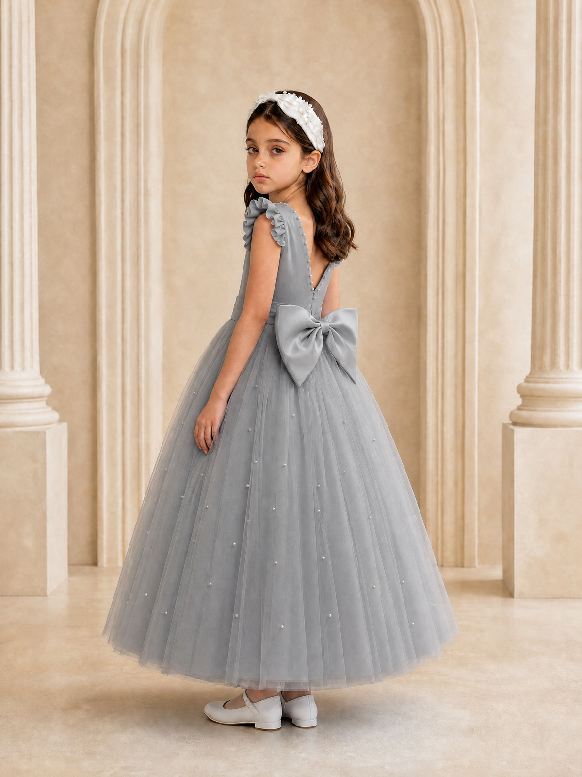 BOLODOO Grey Tulle Flower Girl Dress with Ruffle Sleeves & Bow Back - Grey - Grey_1