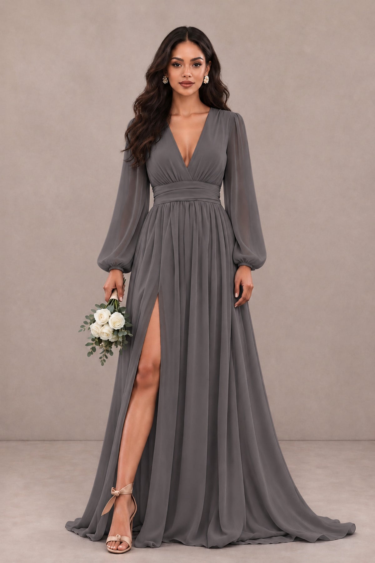 BOLODOO Grey Long Sleeve V-Neck A-Line Gown with Open Back & Slit - Grey - Grey_1