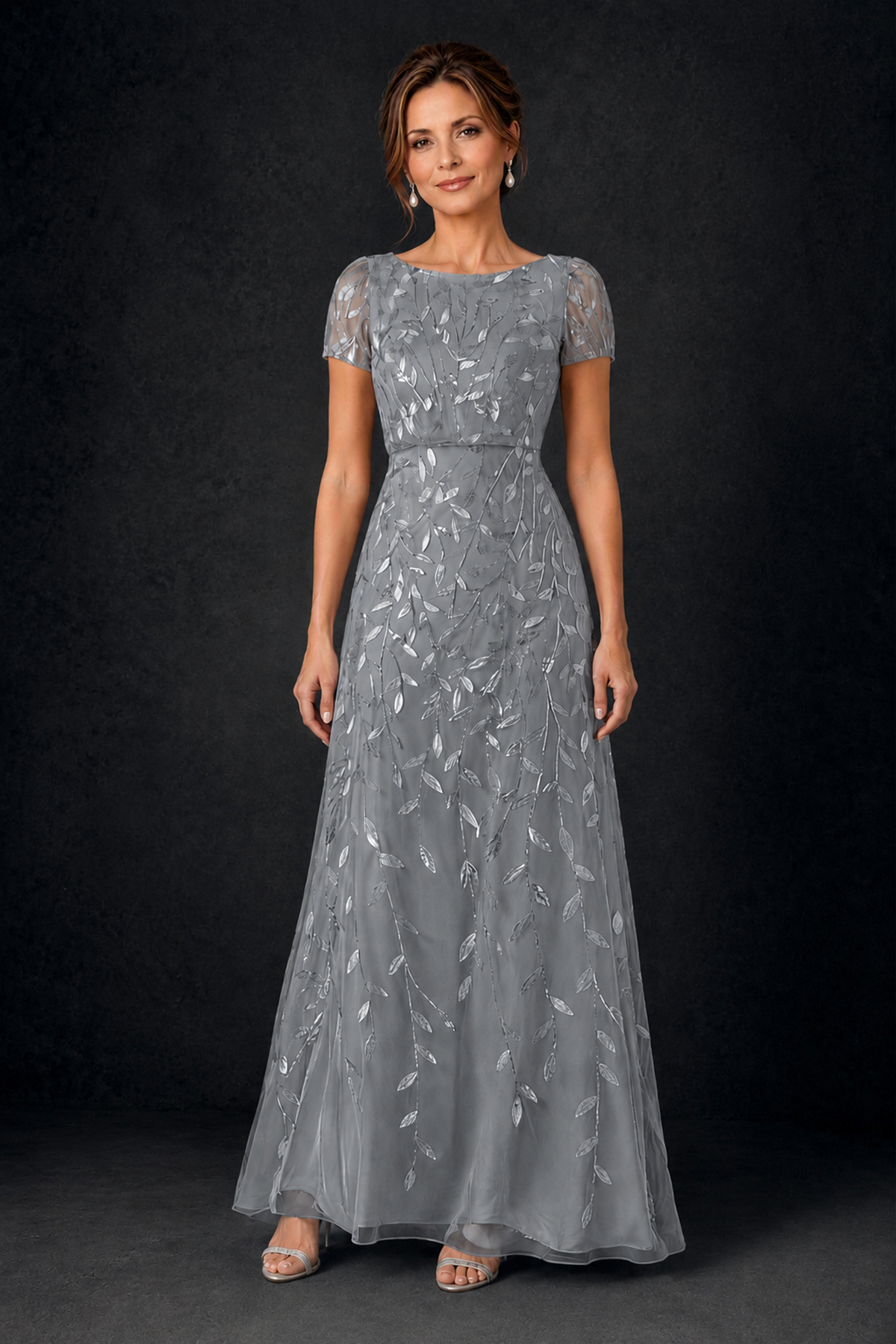 BOLODOO Grey Leaf Embroidered A-Line Formal Gown with Cap Sleeves - Grey - Grey_1
