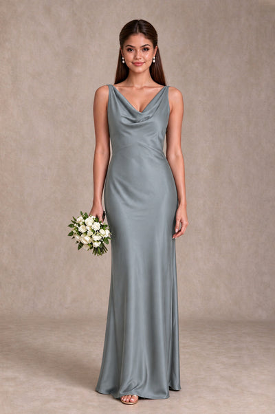 BOLODOO Grey Cowl Neck Open Back Satin Bridesmaid Dress - Grey - Grey_1