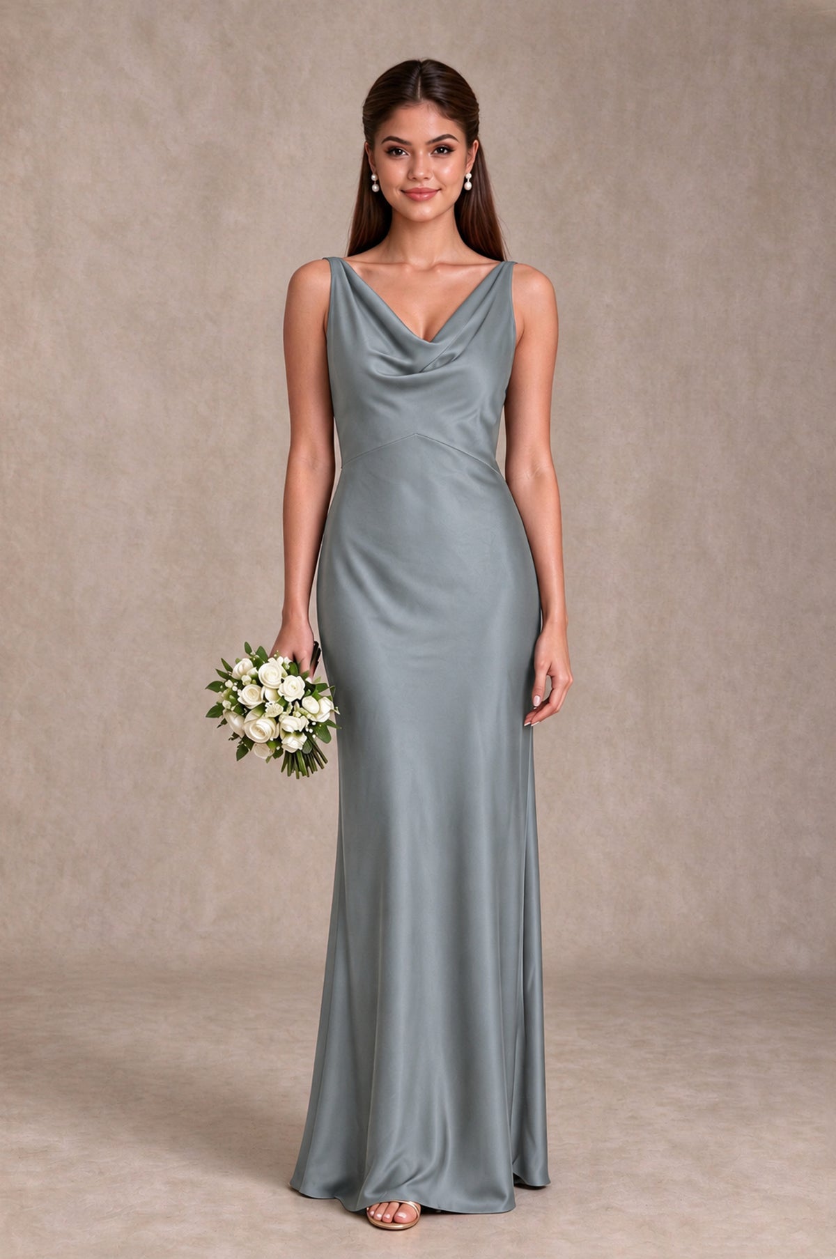 BOLODOO Grey Cowl Neck Open Back Satin Bridesmaid Dress - Grey - Grey_1