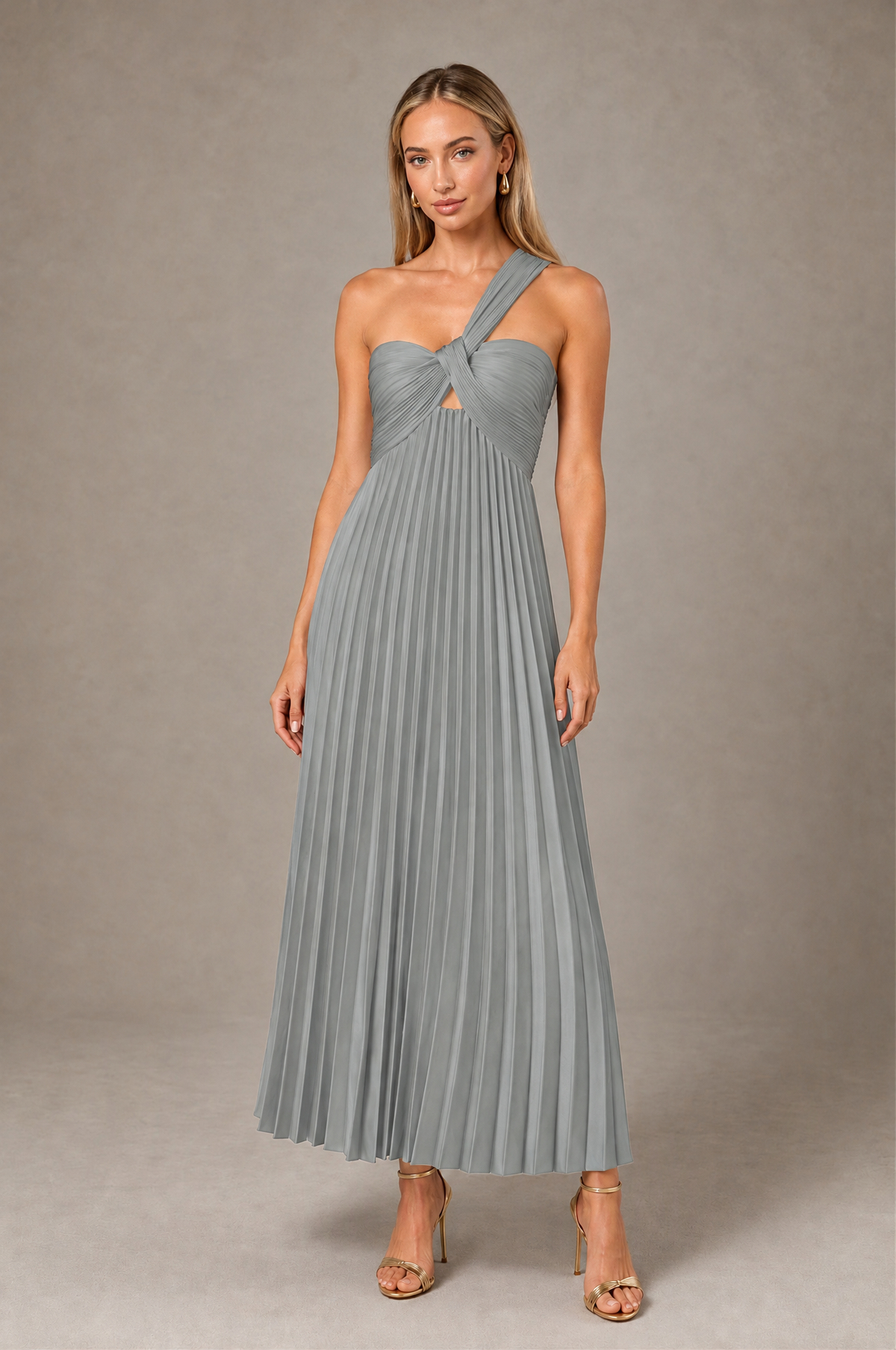 BOLODOO Grey One-Shoulder Twist Knot Pleated Satin Midi Dress with Cutout - Grey - Grey_1