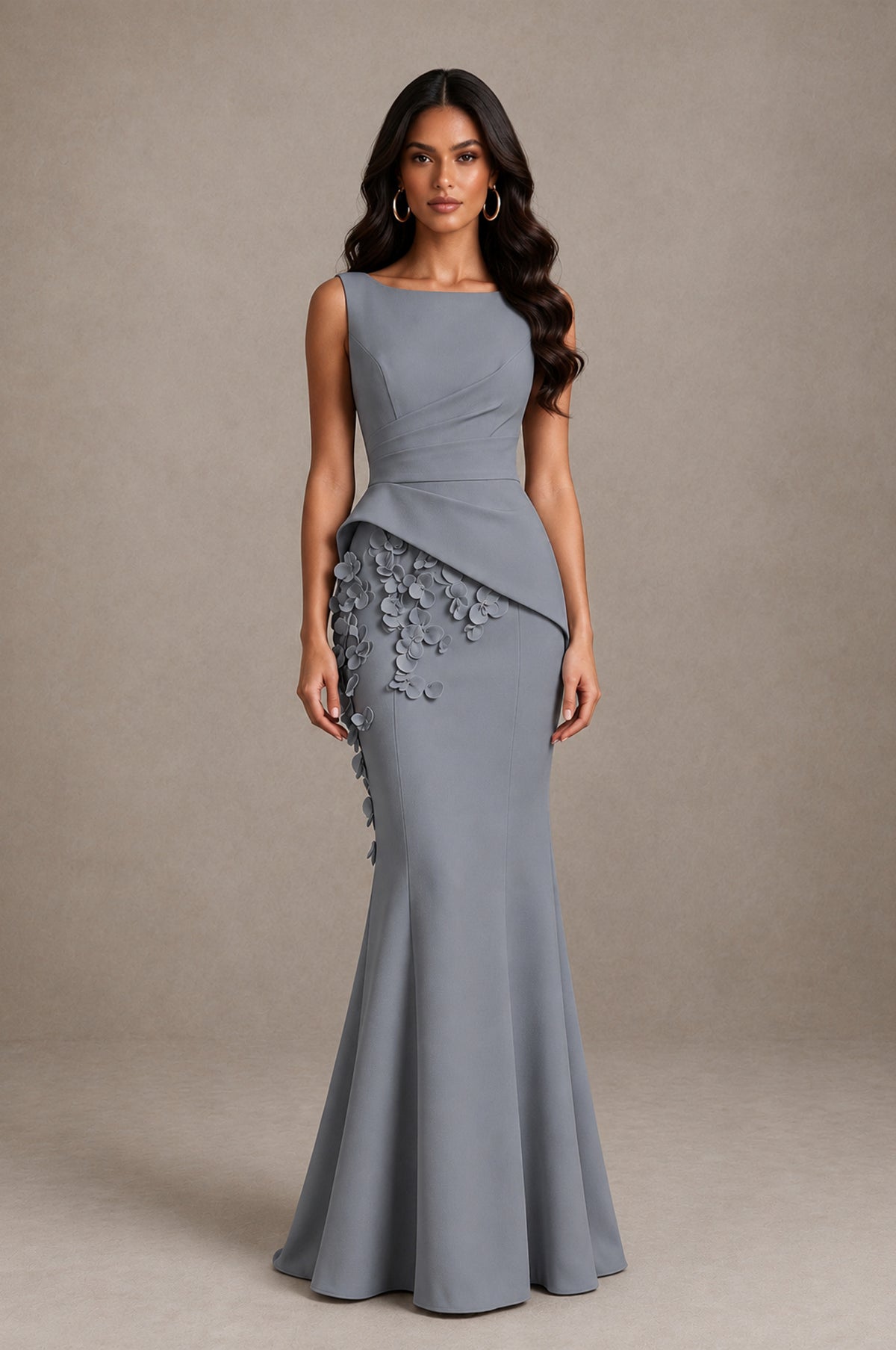 BOLODOO Grey Bateau Neck Sleeveless Asymmetric Peplum 3D Petal Appliqué Mermaid Gown BD0421 - Grey - Grey_1