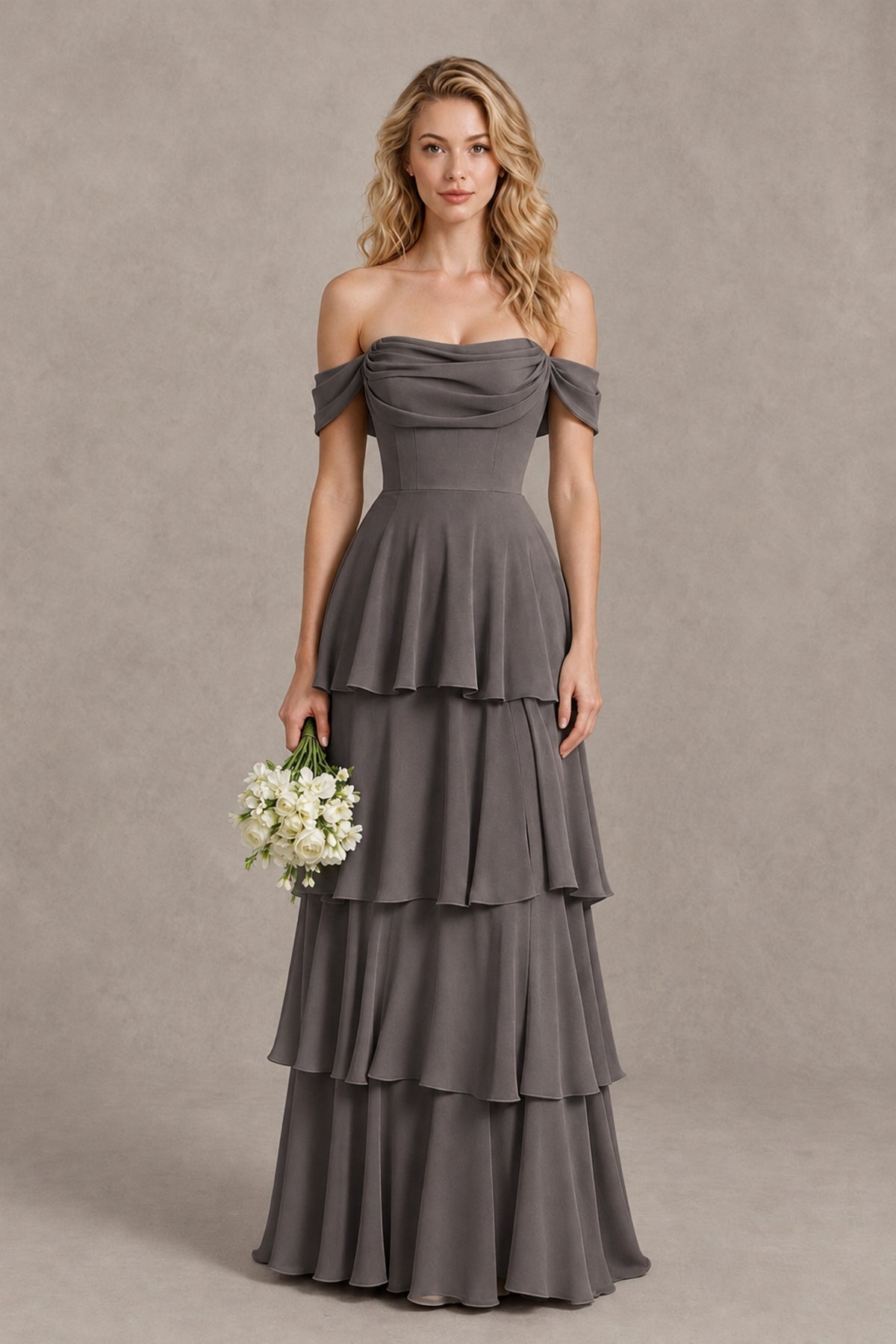BOLODOO Grey Off-the-Shoulder Tiered A-Line Evening Bridesmaid Dress - Grey - Grey_1