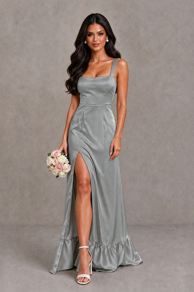 BOLODOO Grey Square Neck Satin Evening Dress with Lace-Up Back and High Slit - Grey - Grey_1