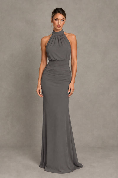 BOLODOO Grey Chiffon Halter Maxi Formal Wedding Guest Dress - Grey - Grey_1