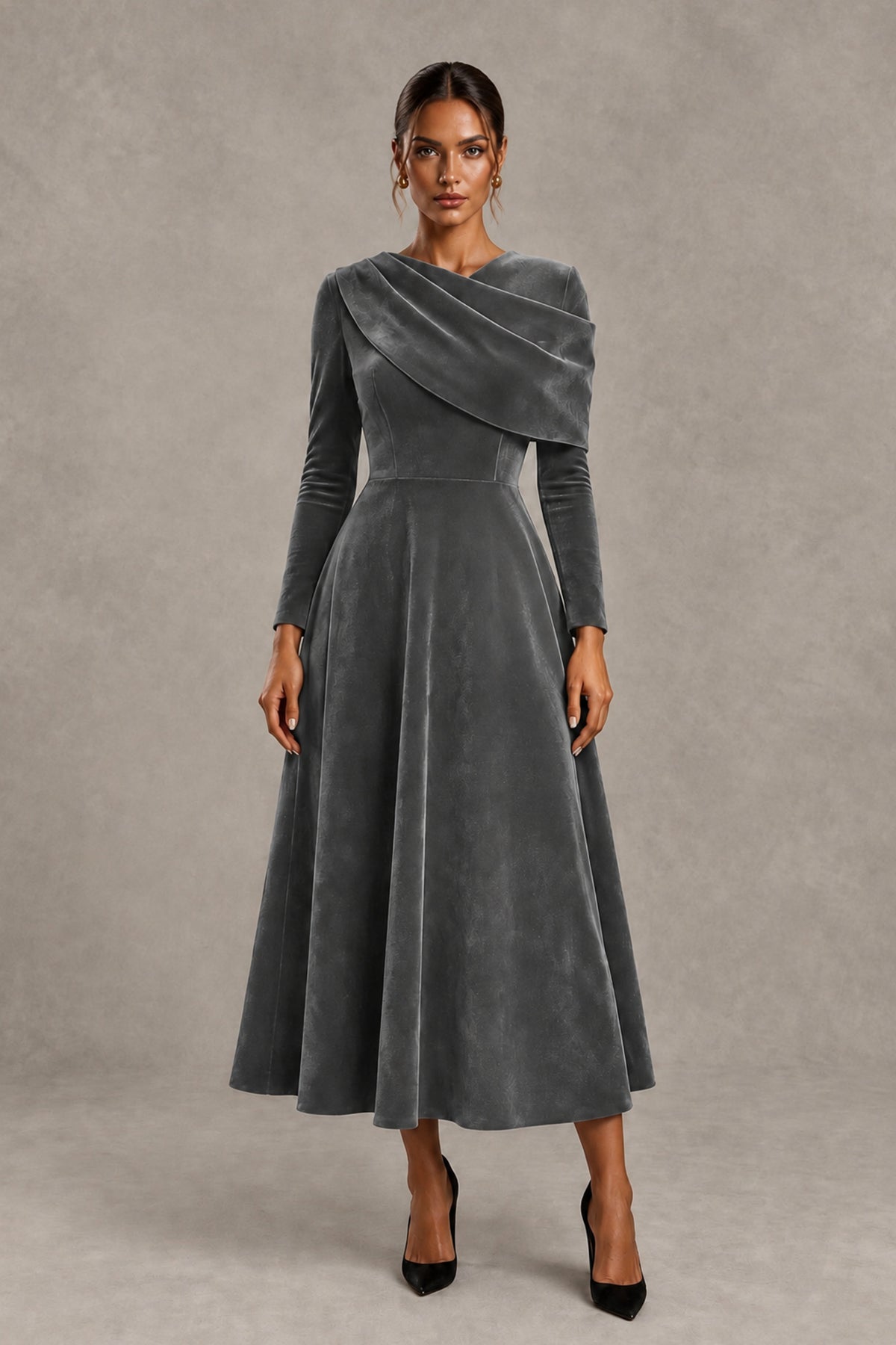 BOLODOO Grey Velvet-Look Long Sleeve Tea-Length A-Line Dress with Draped Neckline - Grey - Grey_1