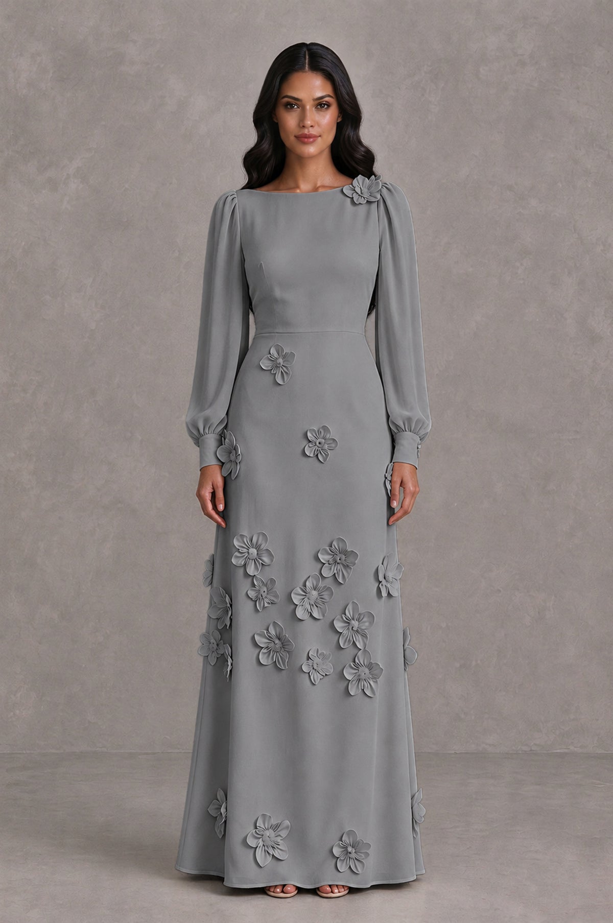 BOLODOO Grey Long Sleeve Floral Applique A-Line Evening Dress - Grey - Grey_1