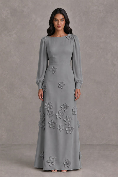 BOLODOO Grey Long Sleeve Floral Applique A-Line Evening Dress - Grey - Grey_1