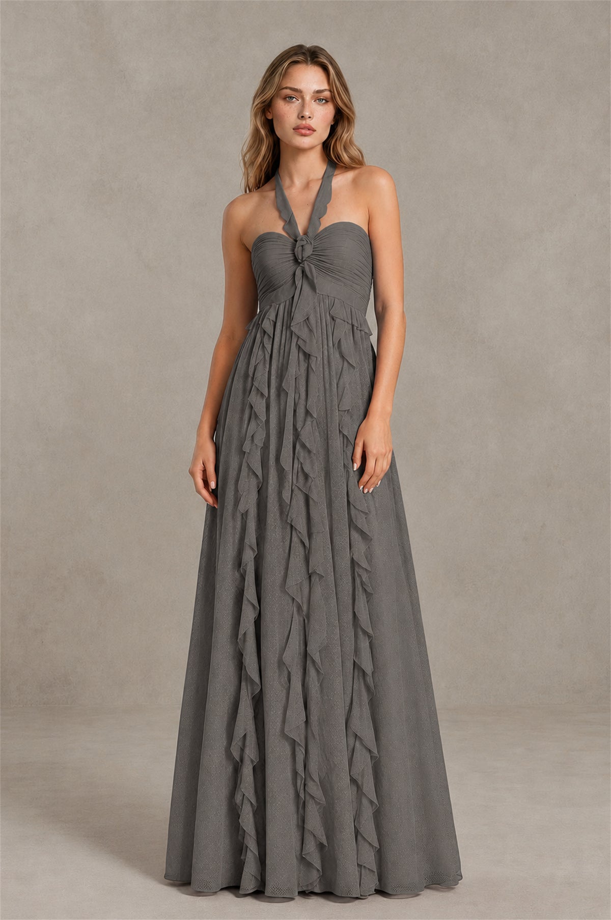 BOLODOO Grey Halter Ruffle A-Line Floor-Length Evening Dress - Grey - Grey_1