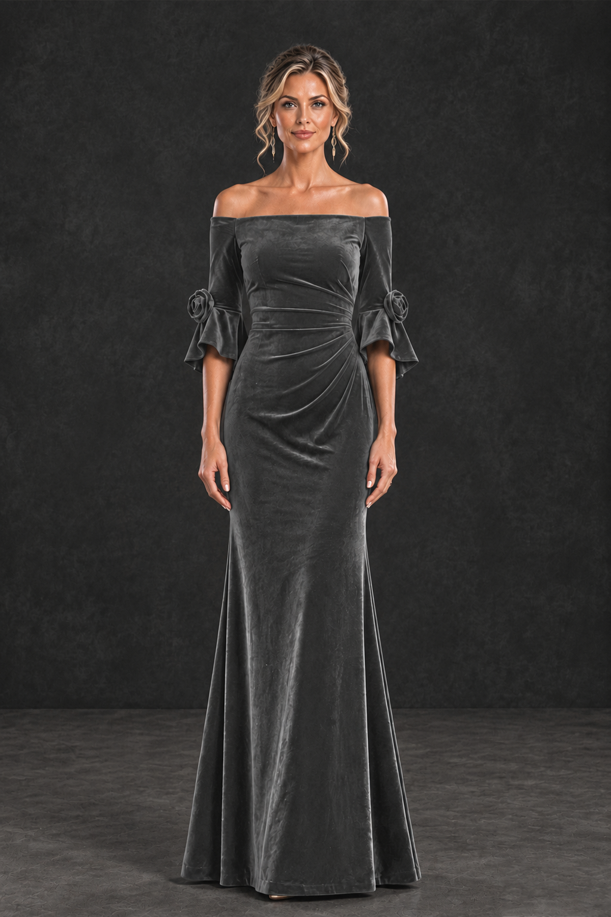 BOLODOO Grey Velvet Off-Shoulder Mother of the Bride Dress – 3/4 Floral Cuff Sleeve Mermaid Evening Gown - Grey - Grey_1