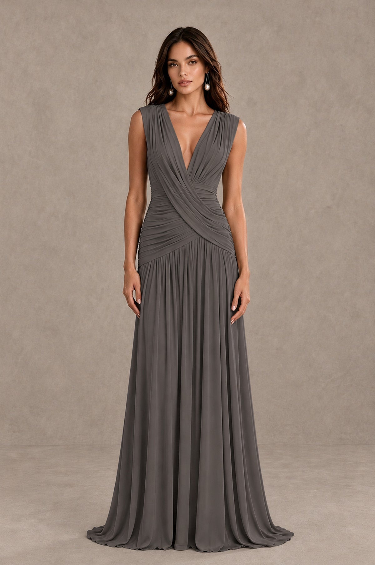 BOLODOO Grey V-Neck Ruched Wedding Guest Dress - Grey - Grey_1