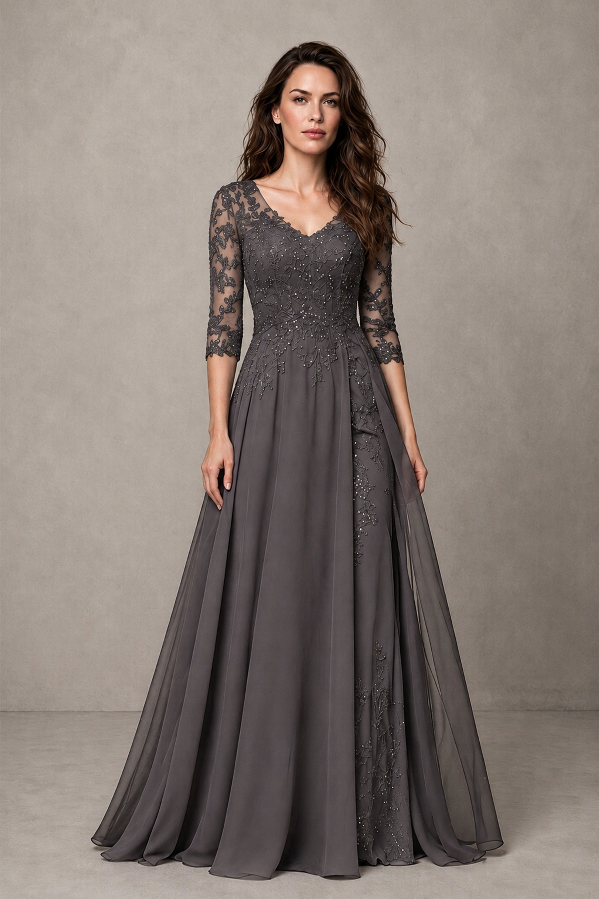 BOLODOO Midnight Grey Beaded Lace Appliqué Chiffon A-Line Gown | Mother of the Bride & Formal Evening Dress - Grey - Grey_1