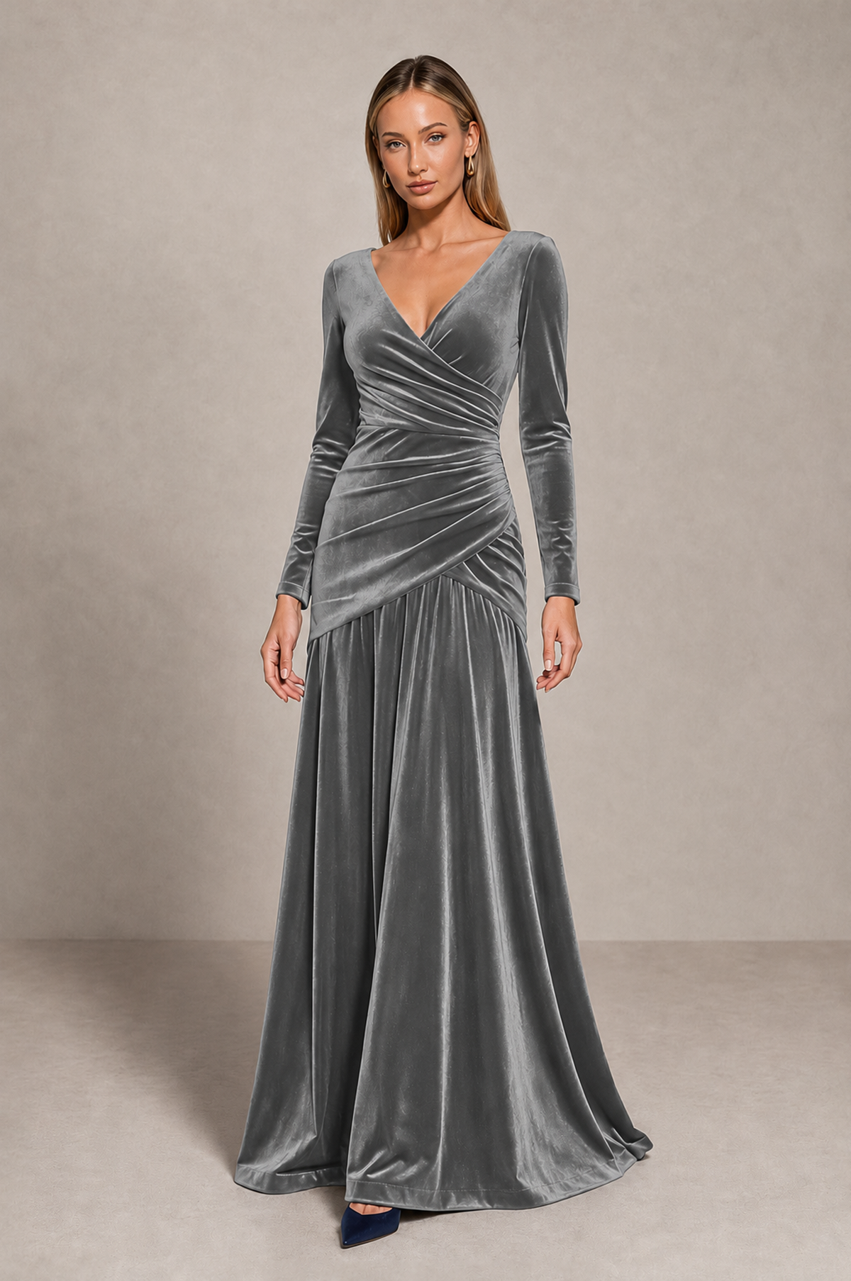 BOLODOO Grey Velvet Long Sleeve V-Neck Ruched Evening Dress - Grey - Grey_1