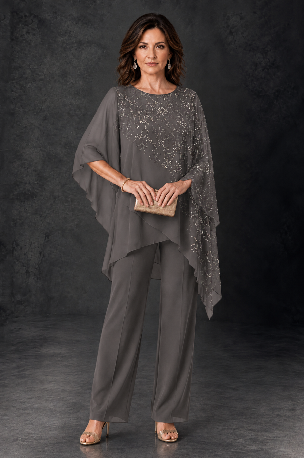 BOLODOO Grey Embellished Cape Pant Suit for Mother of the Bride - Grey - Grey_1