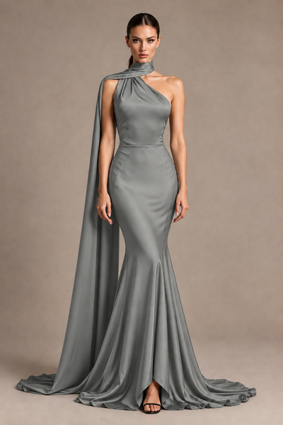 BOLODOO Grey One-Shoulder Satin Mermaid Evening Dress with Scarf - Grey - Grey_1