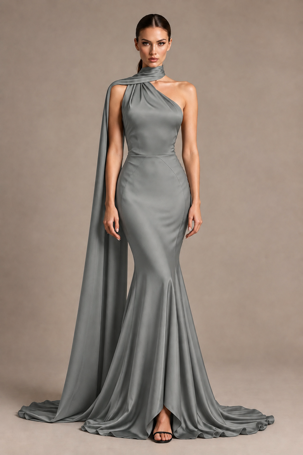 BOLODOO Grey One-Shoulder Satin Mermaid Evening Dress with Scarf - Grey - Grey_1