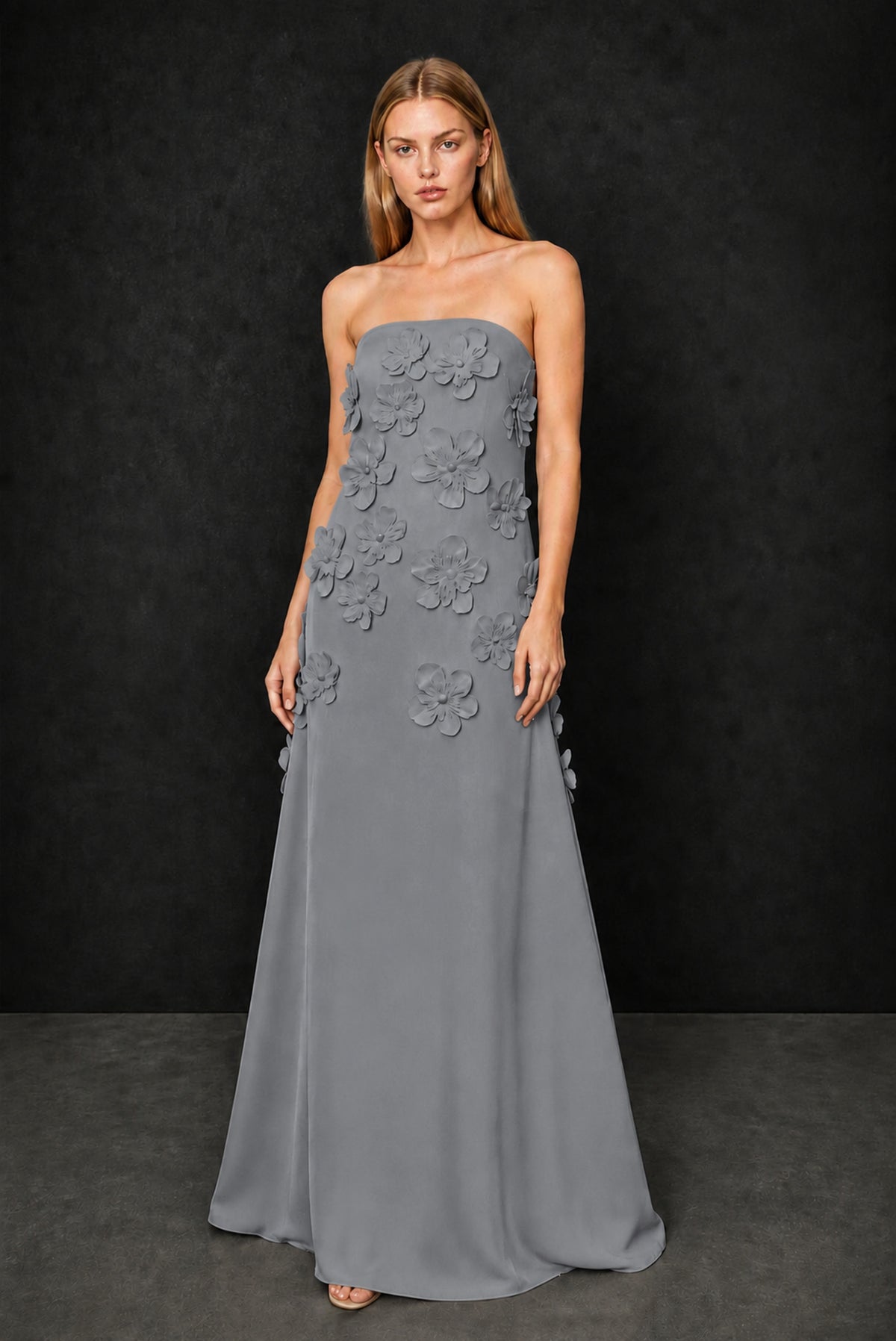 BOLODOO Grey Strapless 3D Floral Appliqué Crepe Maxi Gown - Grey