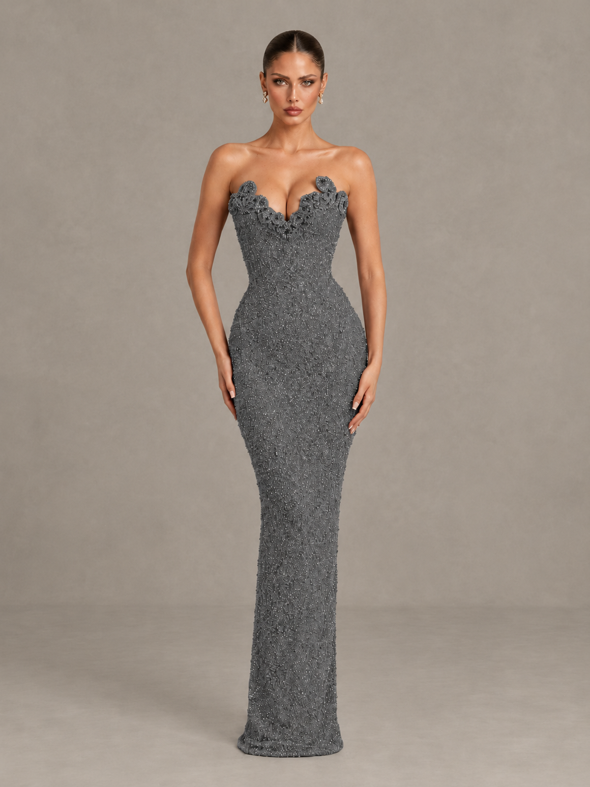 BOLODOO Grey Strapless Sequin Evening Gown with Floral Neckline - Grey - Grey_1