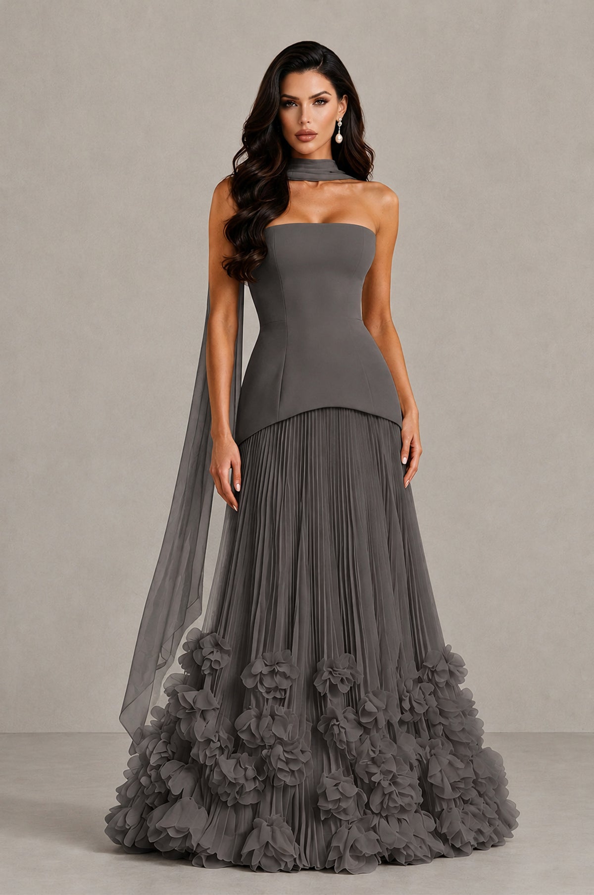 BOLODOO Grey Strapless Pleated Floral Hem Evening Gown - Grey - Grey_1