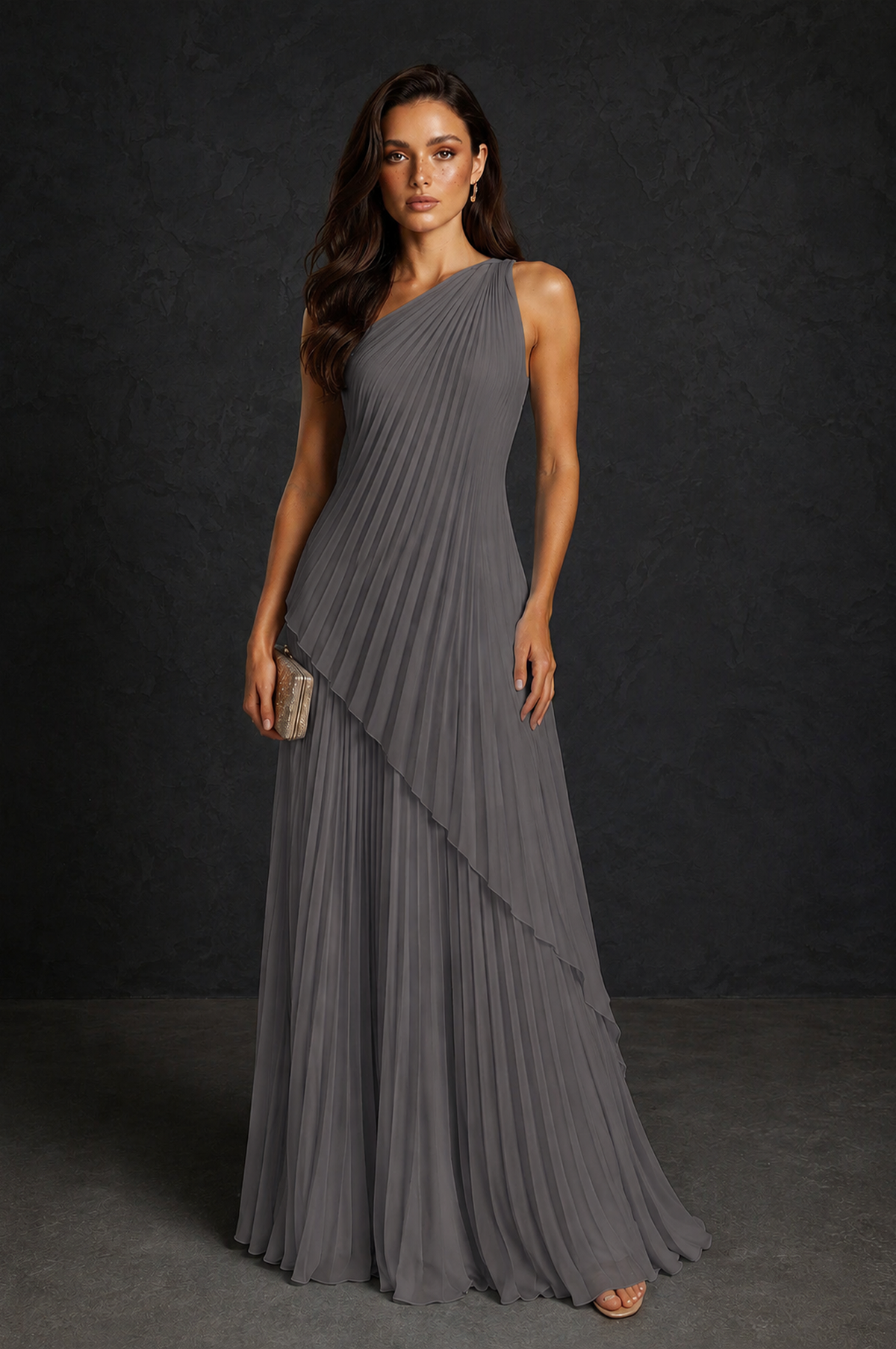 BOLODOO Grey One-Shoulder Sunburst Pleated Asymmetric Layered Overlay Accordion Pleated Chiffon Maxi Dress - Grey
