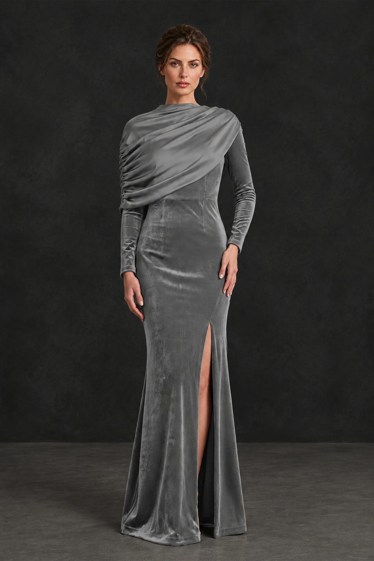 BOLODOO Grey Velvet Long Sleeve Draped Mother of the Bride Dress - Grey - Grey_1