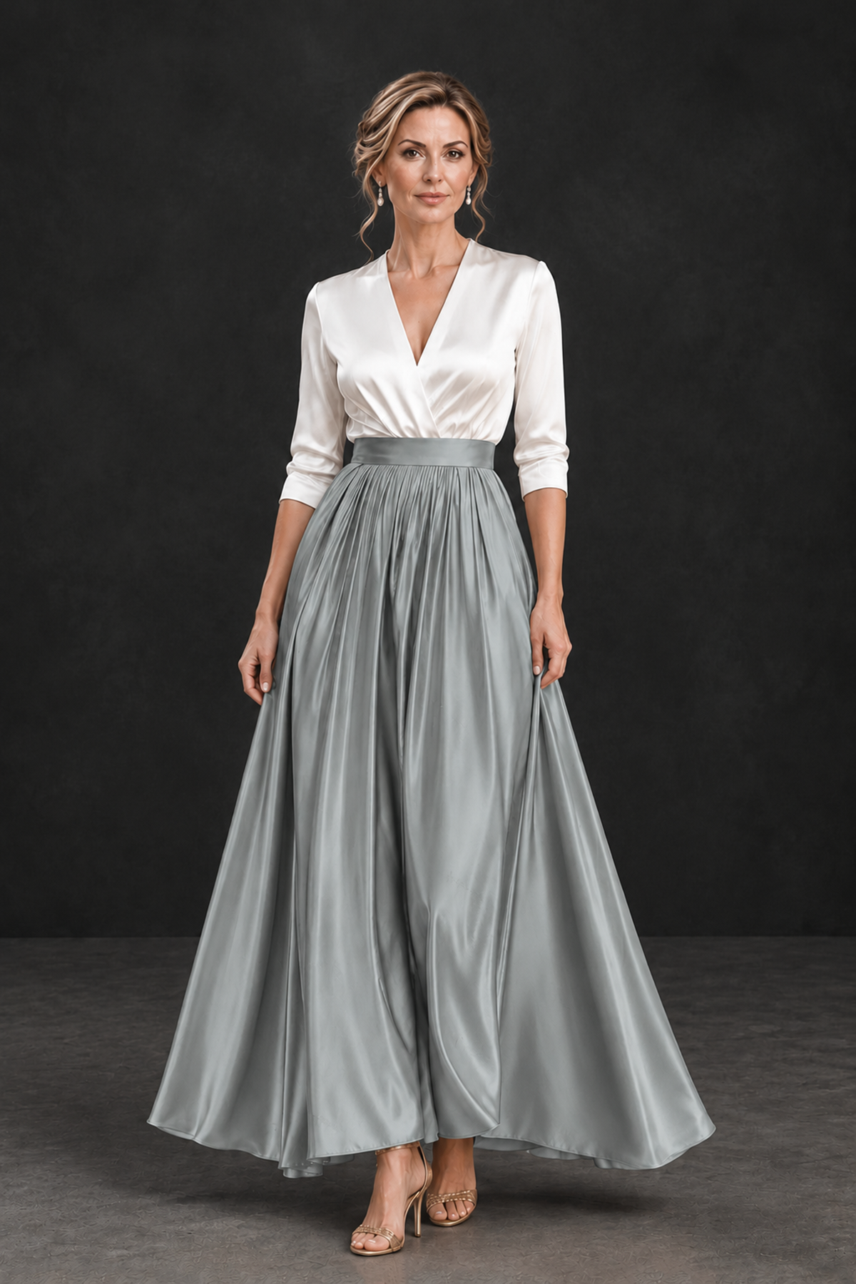 BOLODOO Grey and White V-Neck A-Line Mother of the Bride Dress - Grey - Grey_1