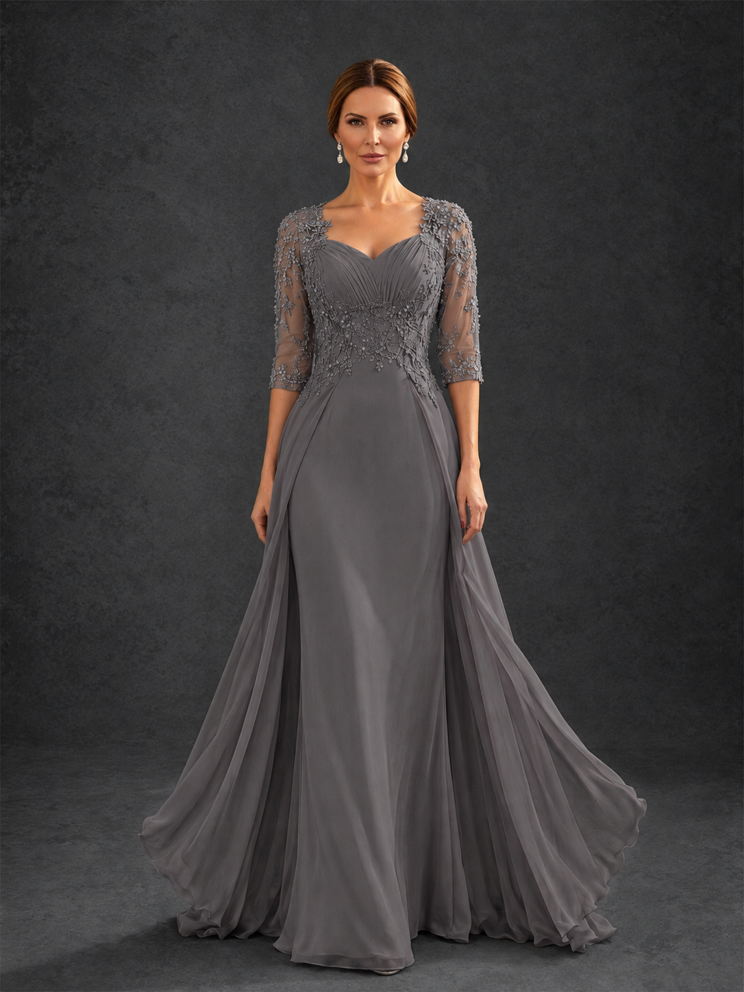 BOLODOO Grey Sweetheart Neck 3/4 Sleeve Floral Lace Illusion Bodice Chiffon A-Line Gown - Grey
