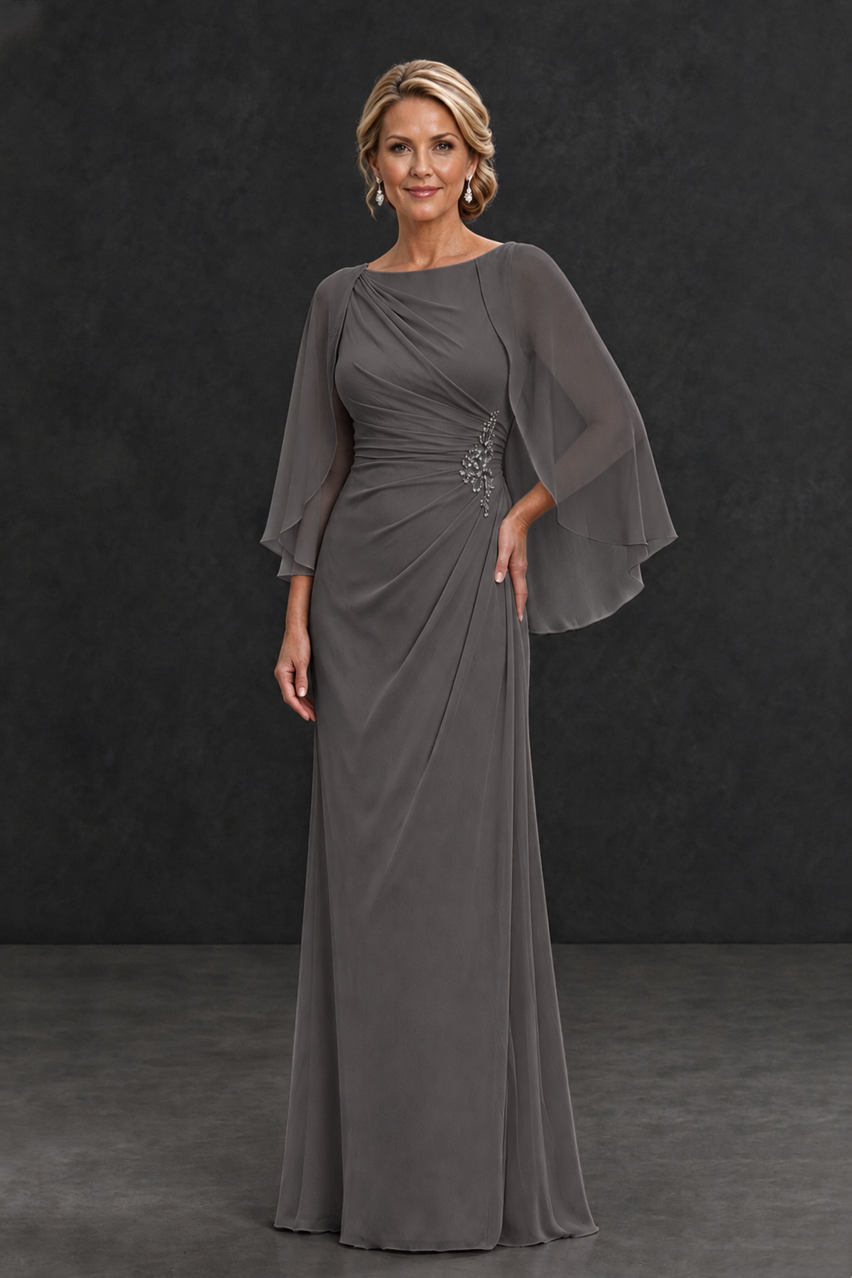 BOLODOO Grey Cape Sleeve Mother of the Bride Dress with Ruched Waist - Grey - Grey_1