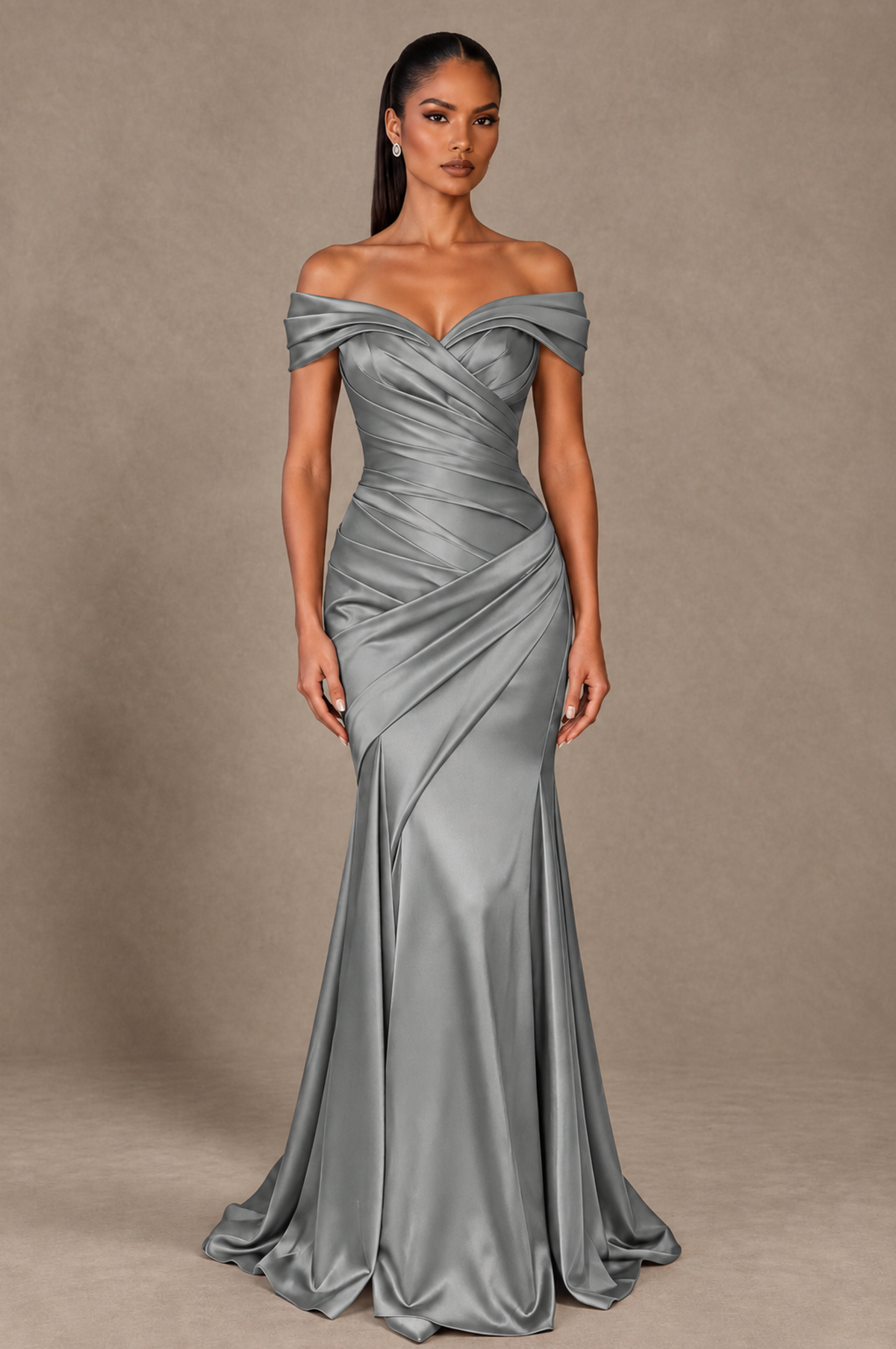 BOLODOO Grey Off-the-Shoulder Ruched Satin Mermaid Evening Dress - Grey - Grey_1