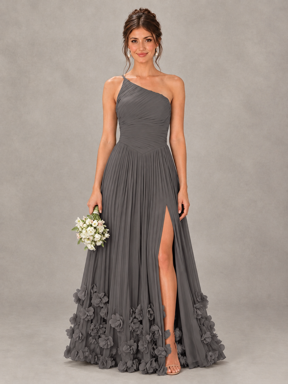BOLODOO Grey One-Shoulder Pleated Bridesmaid Dress with 3D Floral Hem - Grey - Grey_1