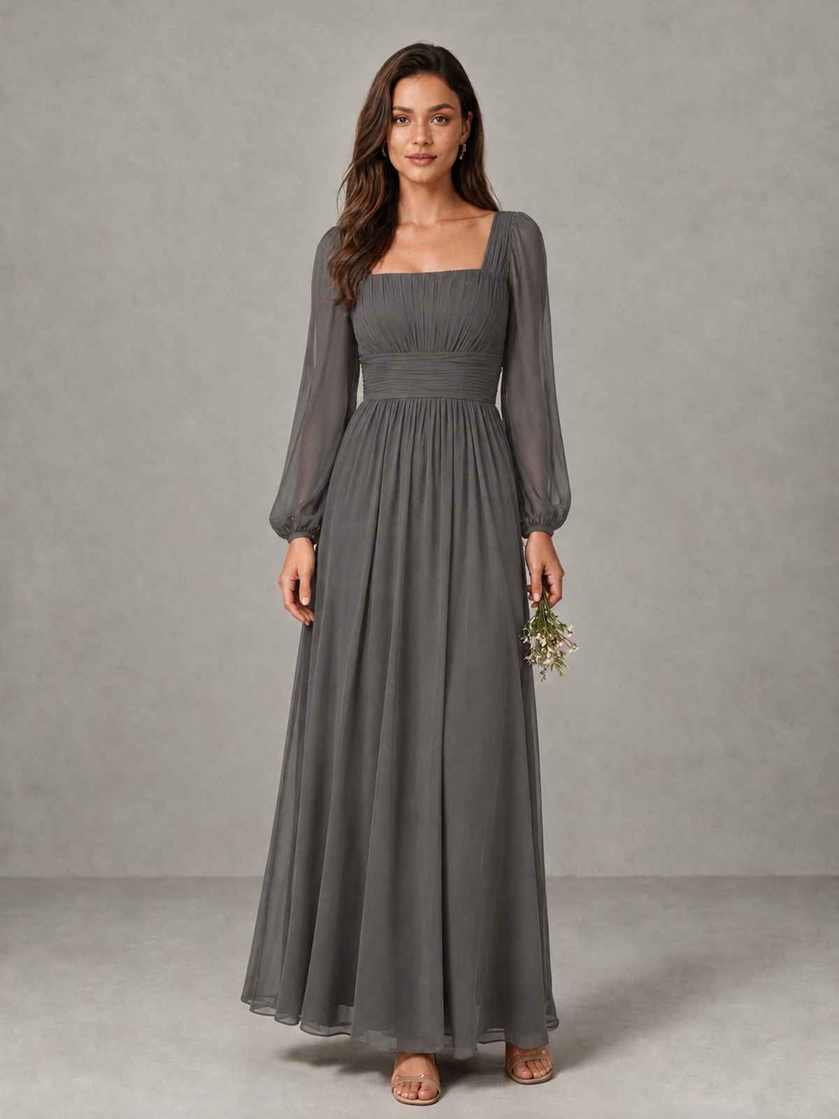 BOLODOO Grey Square Neck Long Sleeve Chiffon Bridesmaid Dress - Grey - Grey_1
