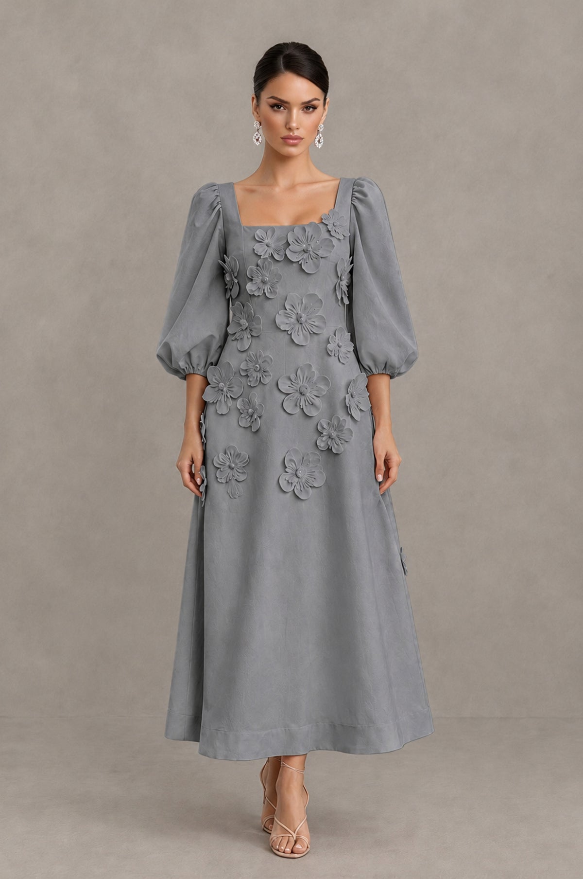 BOLODOO Grey 3D Floral Puff Sleeve Midi Cocktail Dress - Grey - Grey_1
