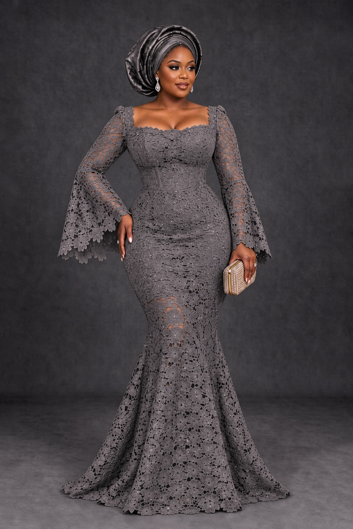 BOLODOO Grey African Lace Mermaid Dress, Plus Size Nigerian Wedding Guest Gown with Bell Sleeves - Grey - Grey_1