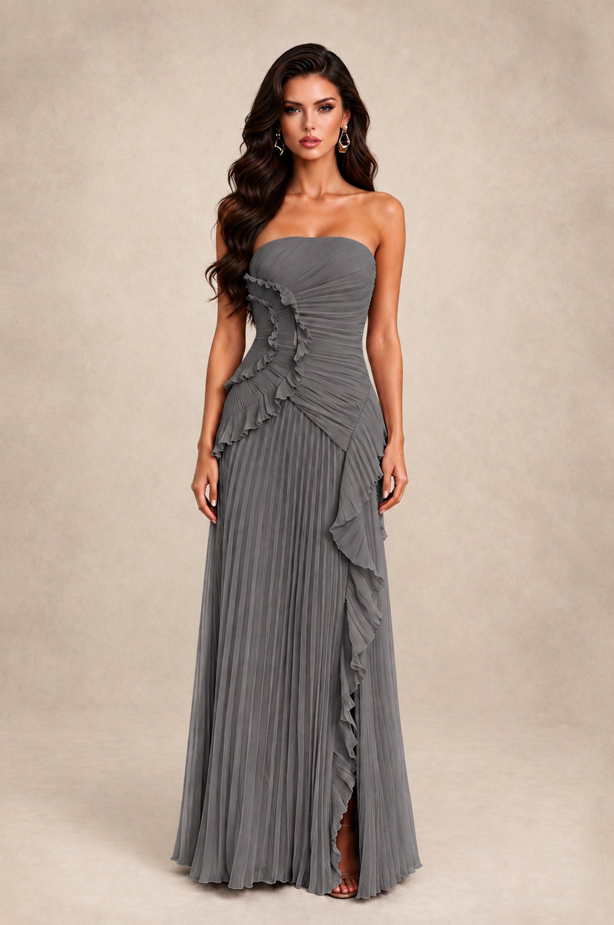 BOLODOO Grey Strapless Ruffle Pleated Slit Evening Gown - Grey - Grey_1