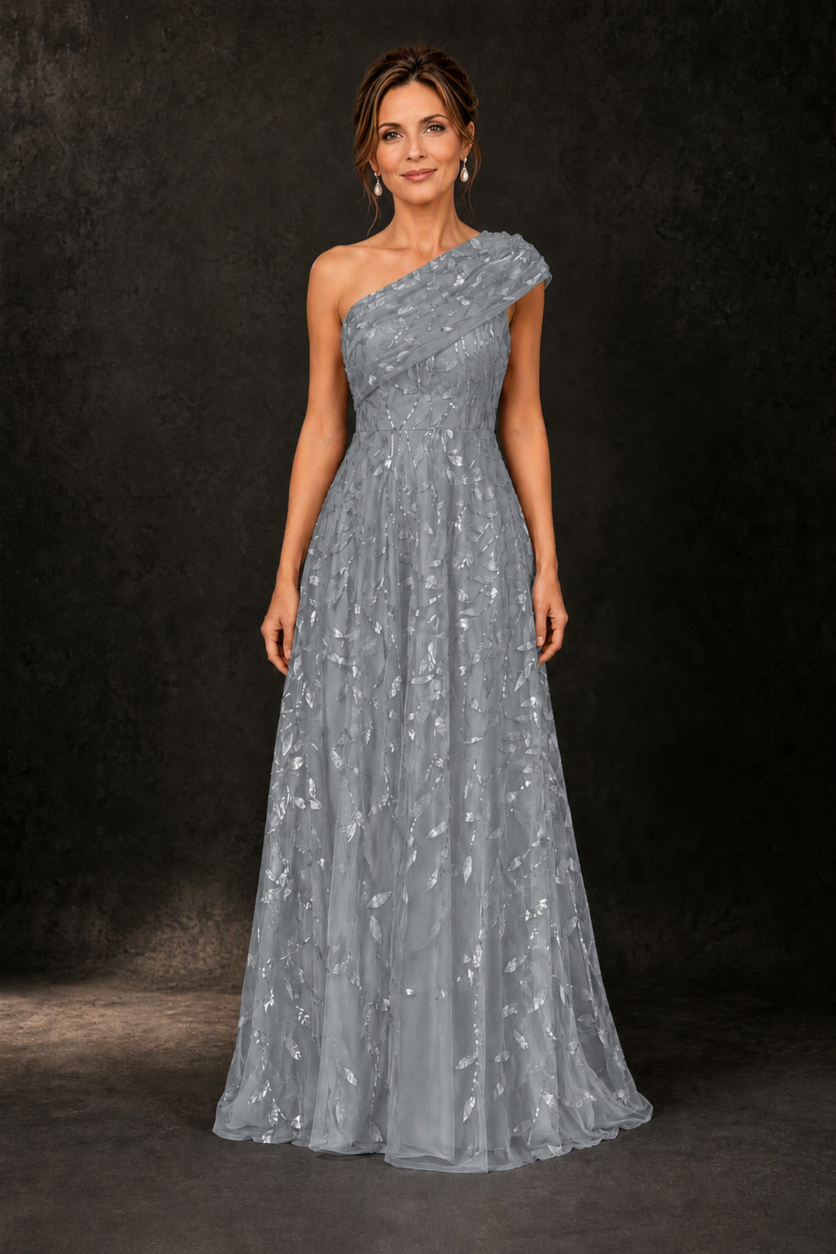 BOLODOO Grey Leaf Sequin One-Shoulder A-Line Maxi Gown – Mother of the Bride & Formal Evening Dress - Grey - Grey_1