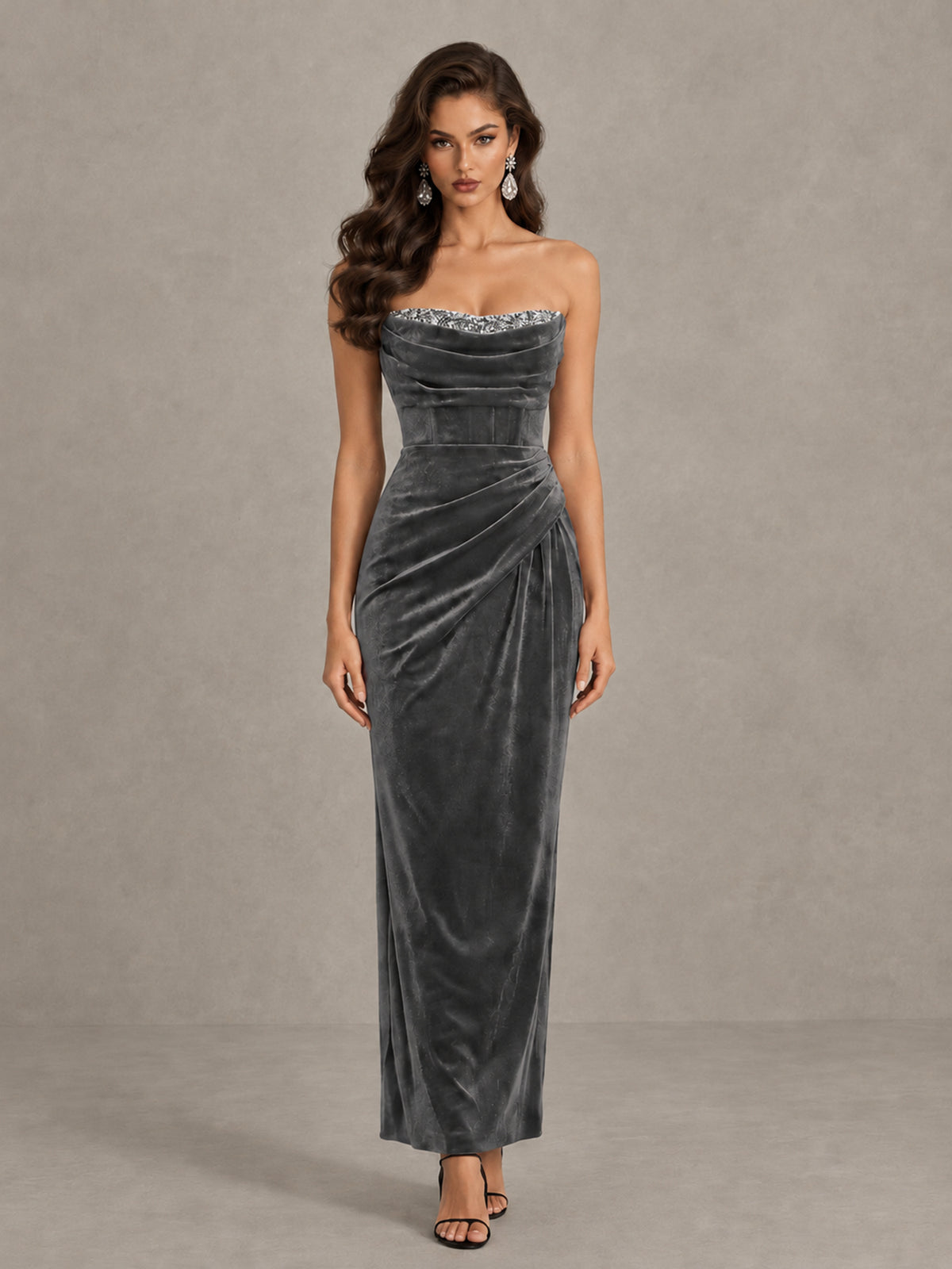 BOLODOO Grey Strapless Velvet Cocktail Maxi Dress - Grey - Grey_1
