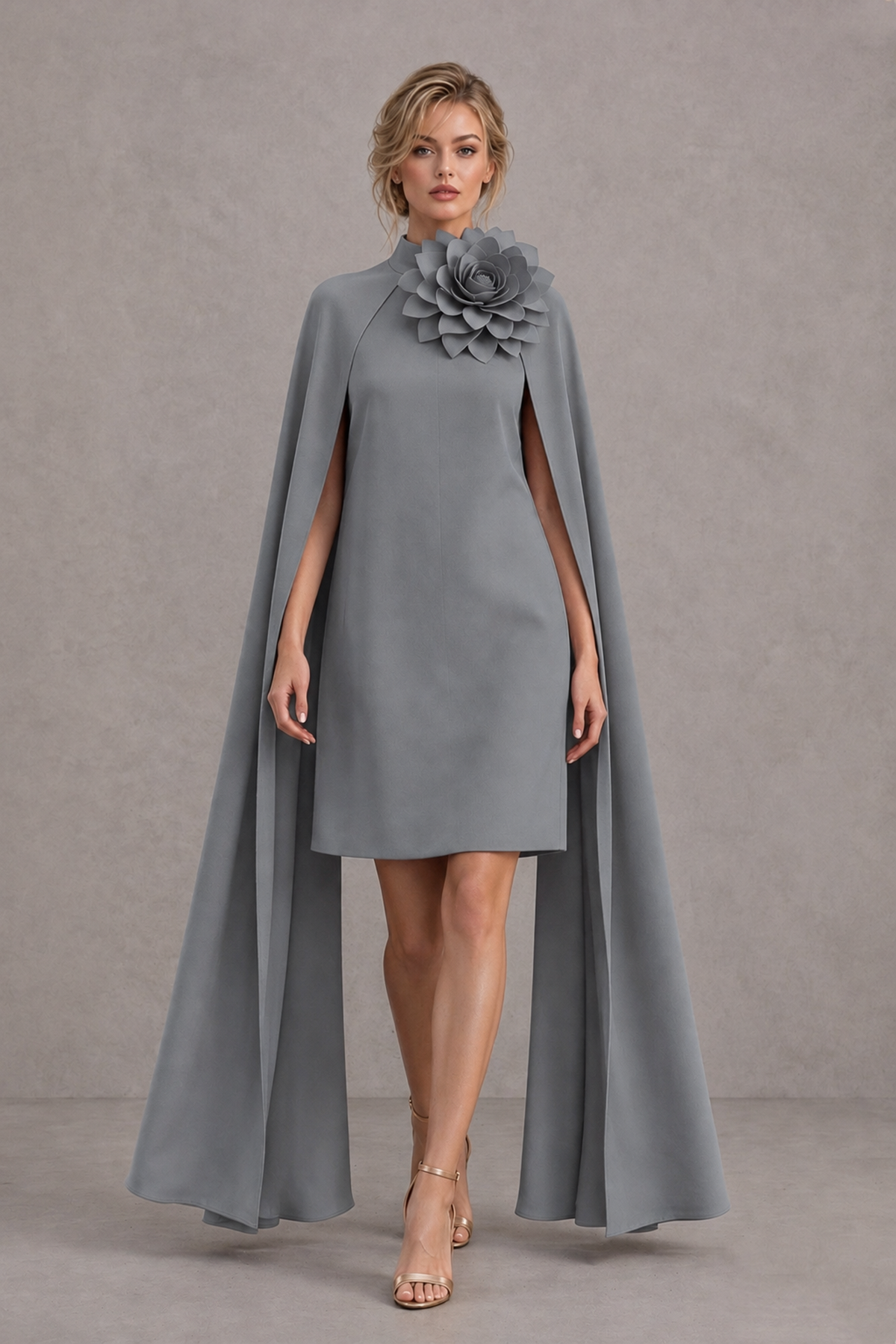 BOLODOO Grey High Neck Floral Cape Mini Cocktail Dress - Grey - Grey_1