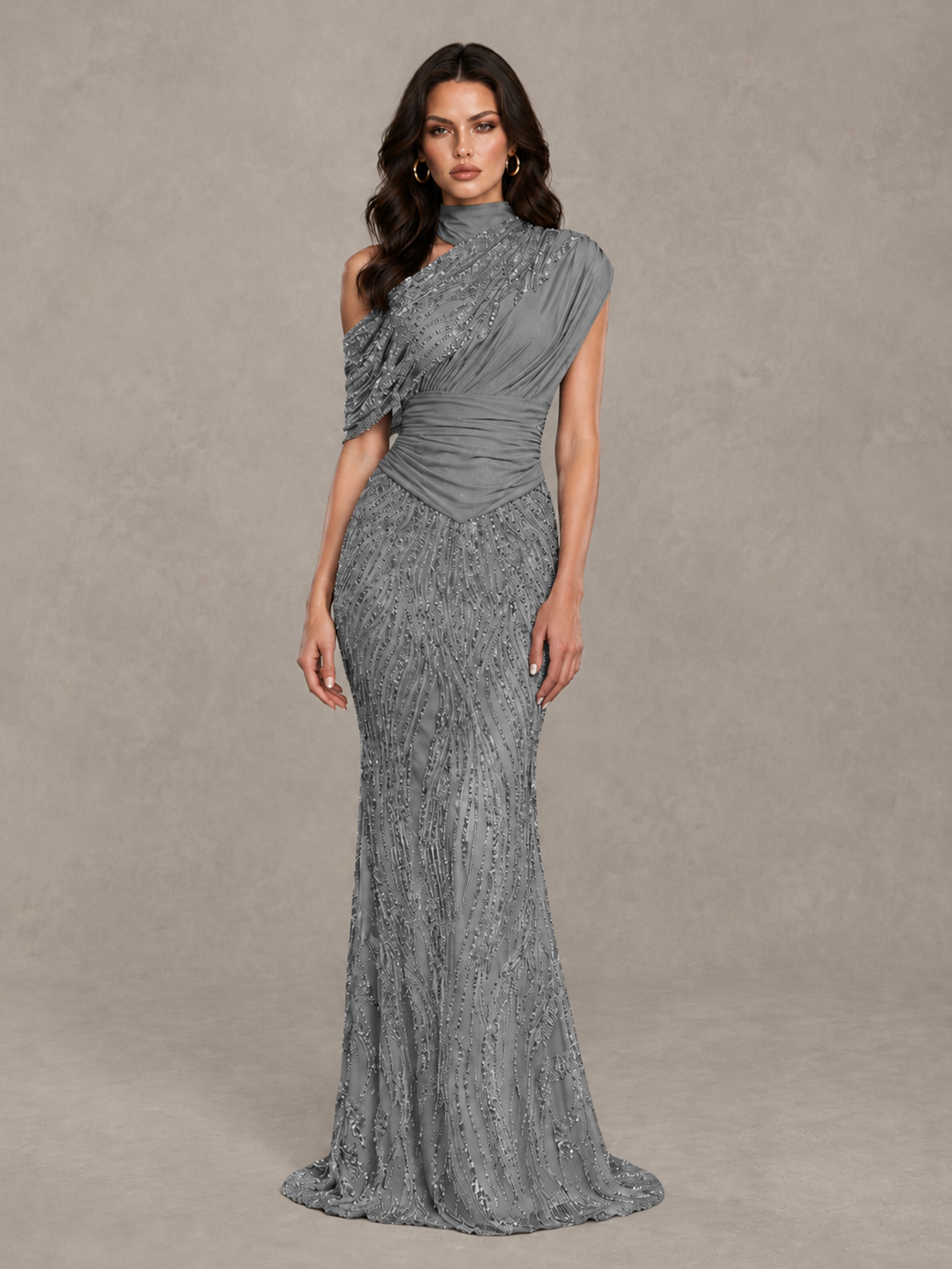 BOLODOO Grey High Neck Draped Sequin Mermaid Evening Gown - Grey - Grey_1