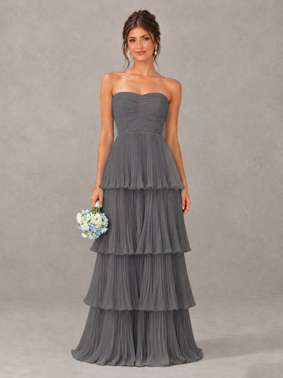 BOLODOO Grey Strapless Tiered Pleated Bridesmaid Dress - Grey - Grey_1