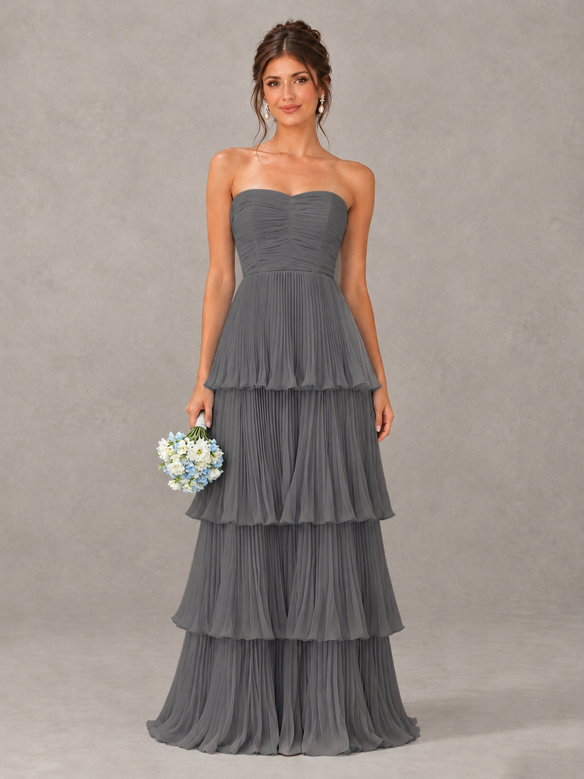 BOLODOO Grey Strapless Tiered Pleated Bridesmaid Dress - Grey - Grey_1