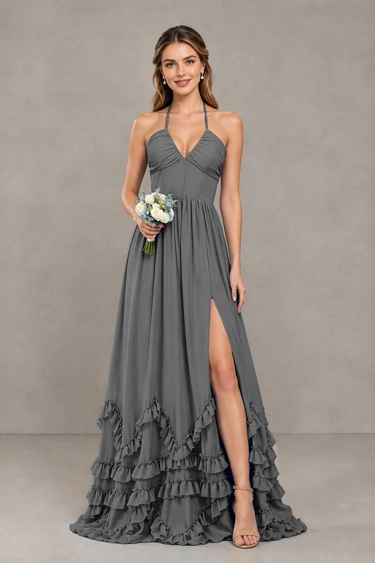 BOLODOO Grey Halter Ruffle Hem A-Line Bridesmaid Dress with High Slit - Grey - Grey(1)