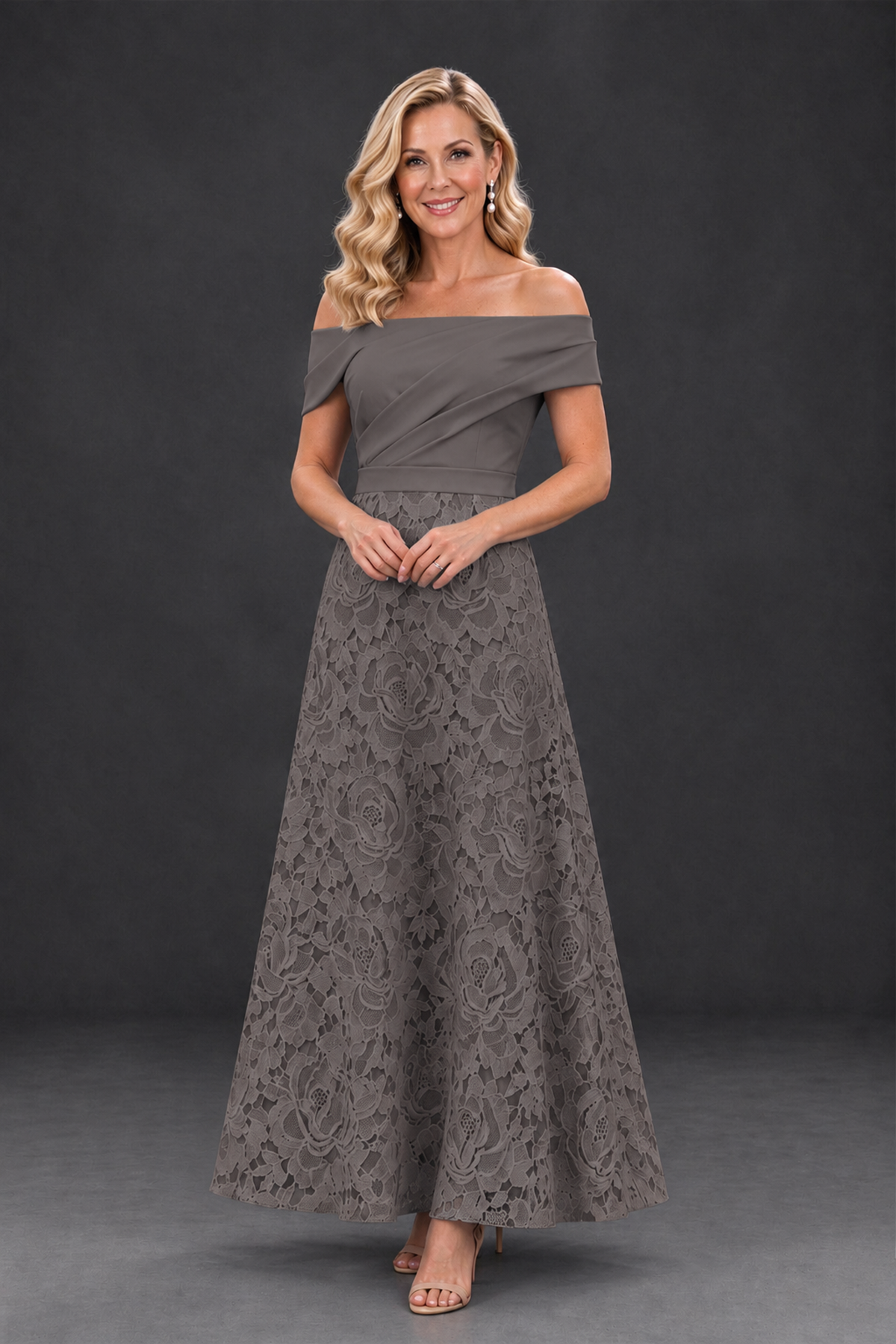 BOLODOO Grey Off-the-Shoulder Floral A-Line Mother of the Bride Dress - Grey - Grey_1